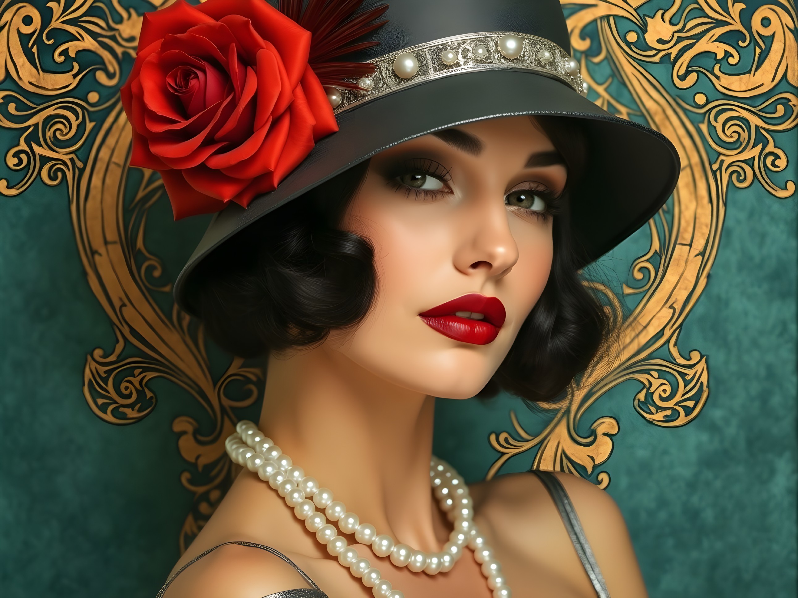 Elegant Woman in Black Hat with Red Rose and Pearls