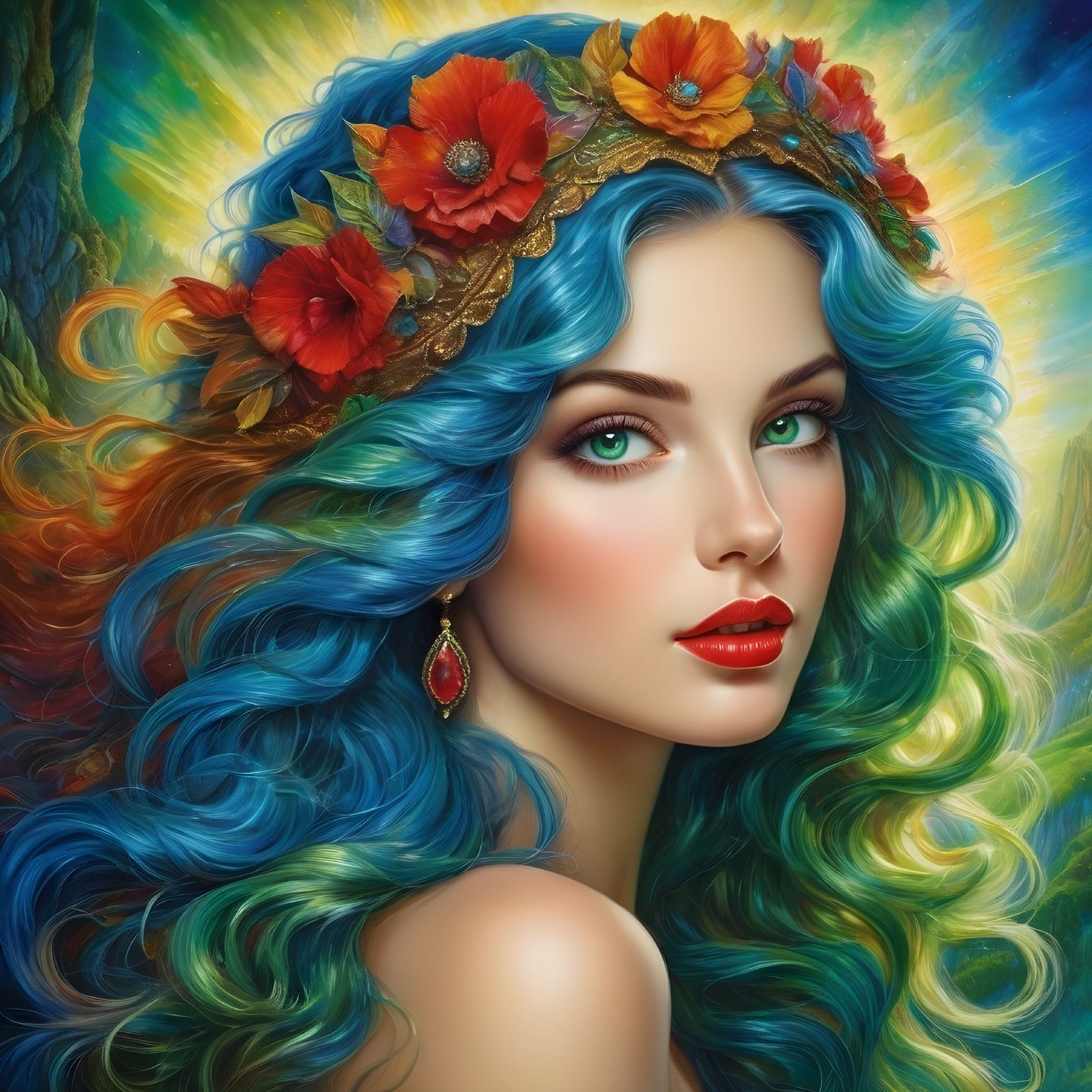 Portrait of a Woman with Colorful Hair and Flowers