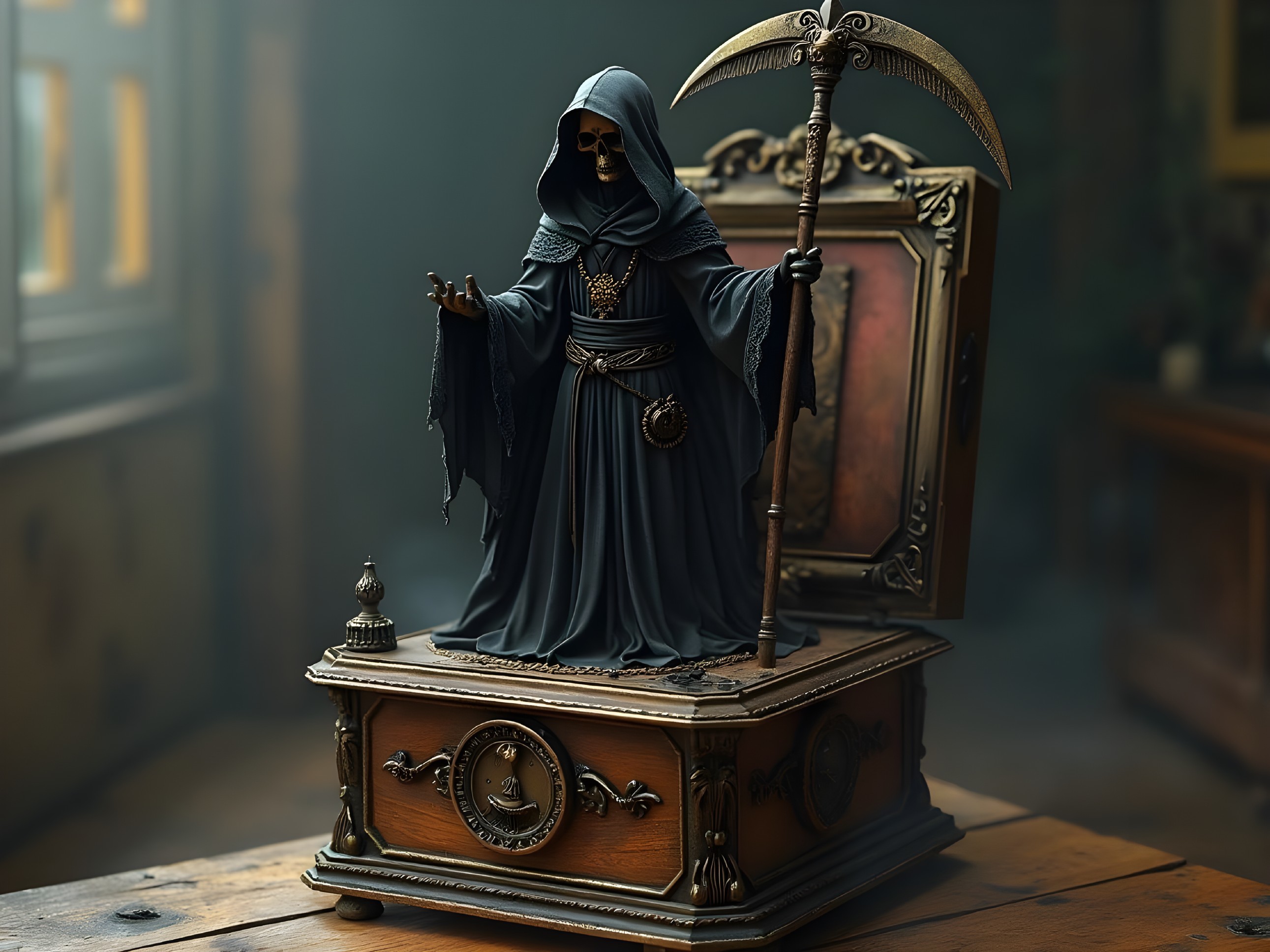 Cloaked Death Figurine on Ornate Wooden Base