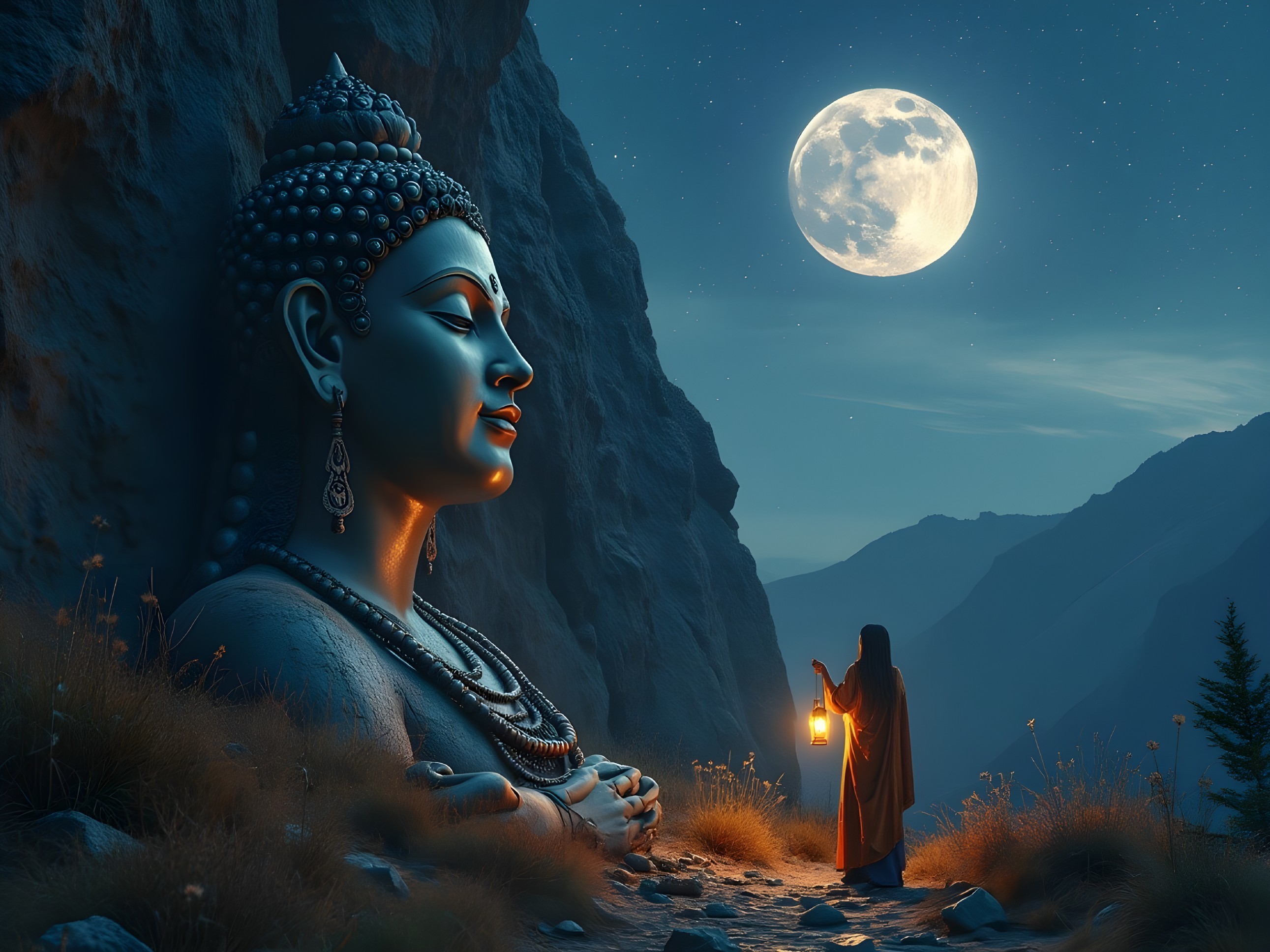Buddha Statue Under Full Moon in Serene Landscape