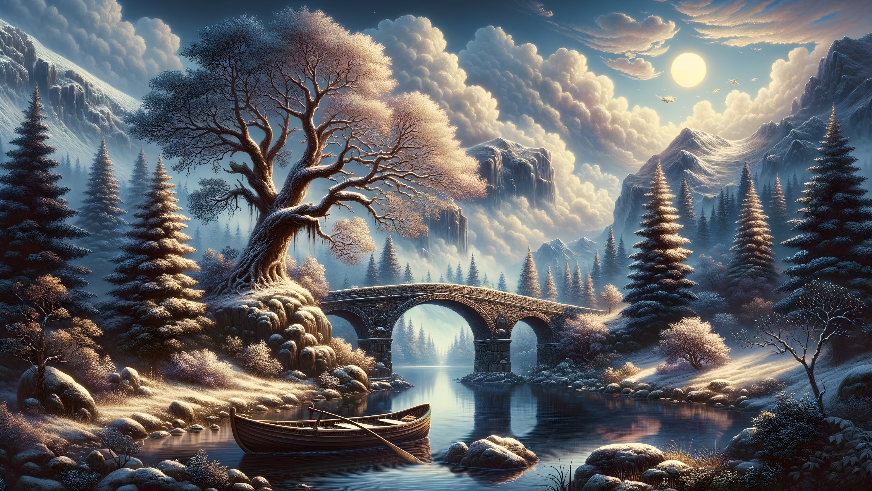 Winter Landscape with Stone Bridge and Snowy Mountains