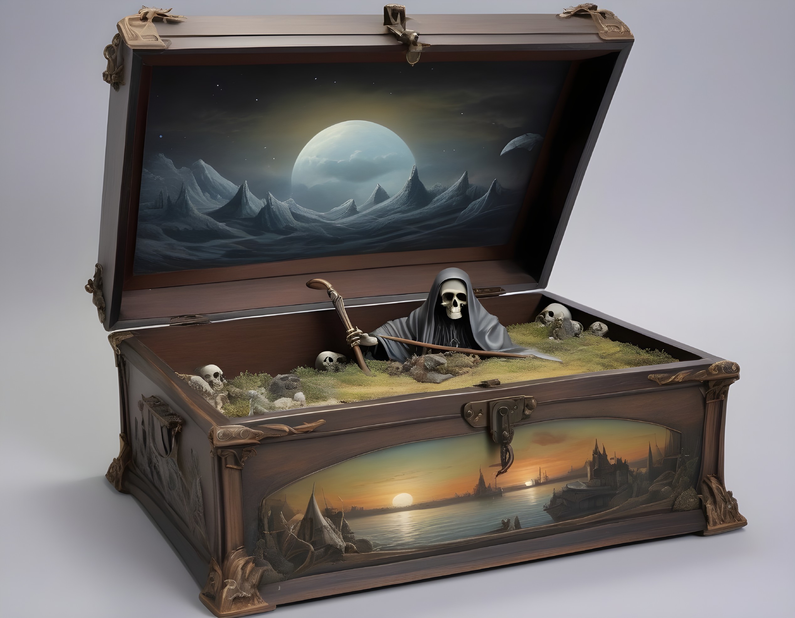 Fantasy-themed illustration with cloaked figure, skulls, and treasure chest landscape.