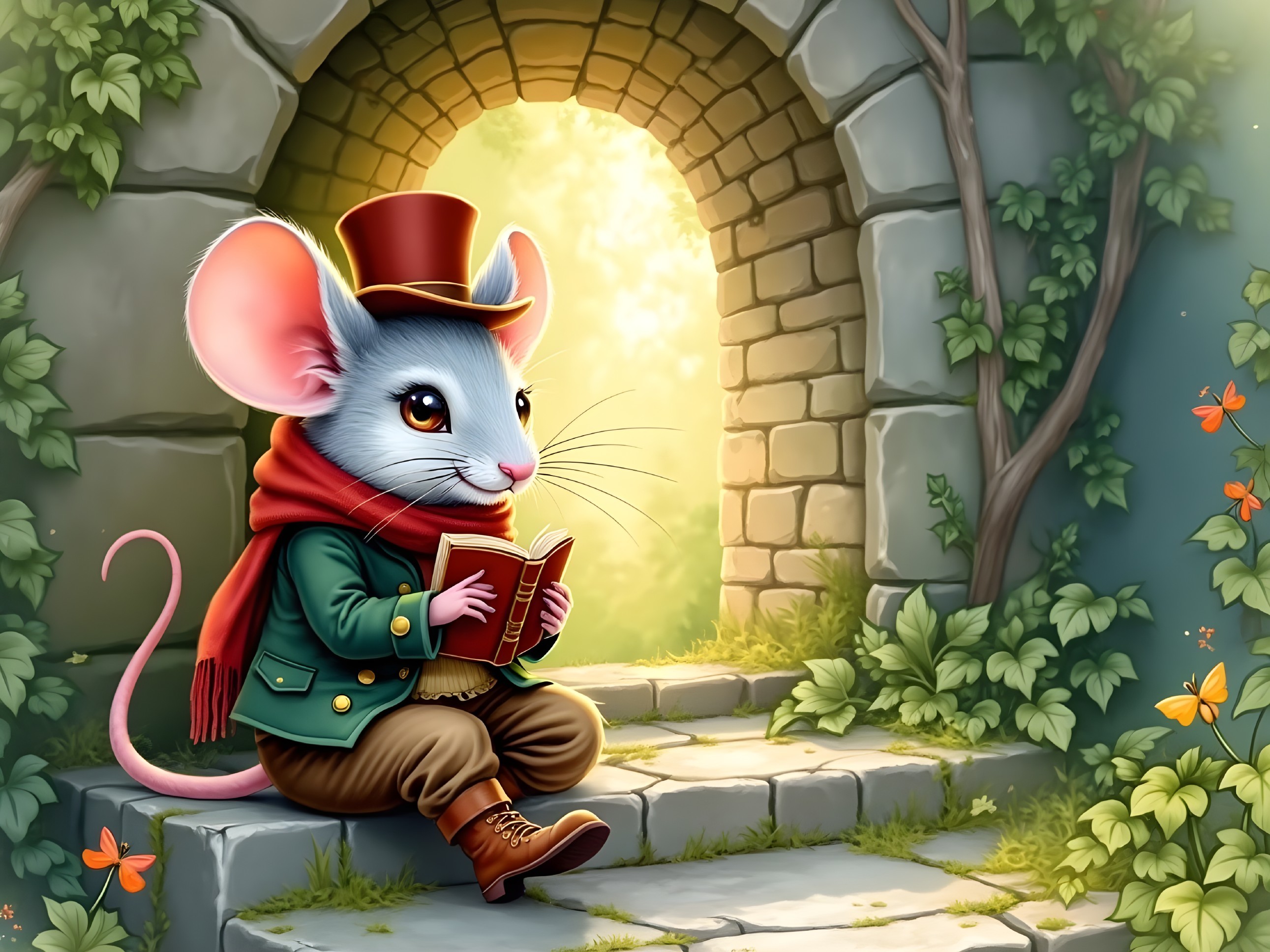 Charming Cartoon Mouse in Whimsical Garden Scene