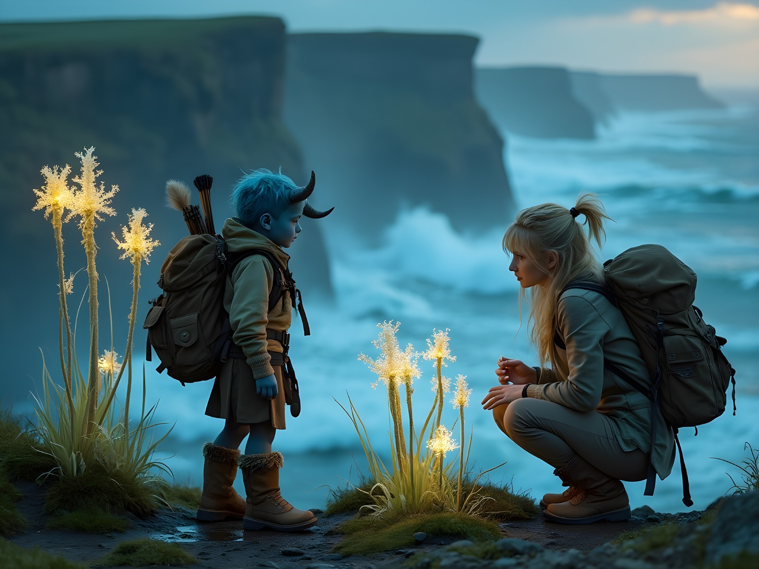 Mystical Ocean Scene with Blue-Skinned Child and Woman