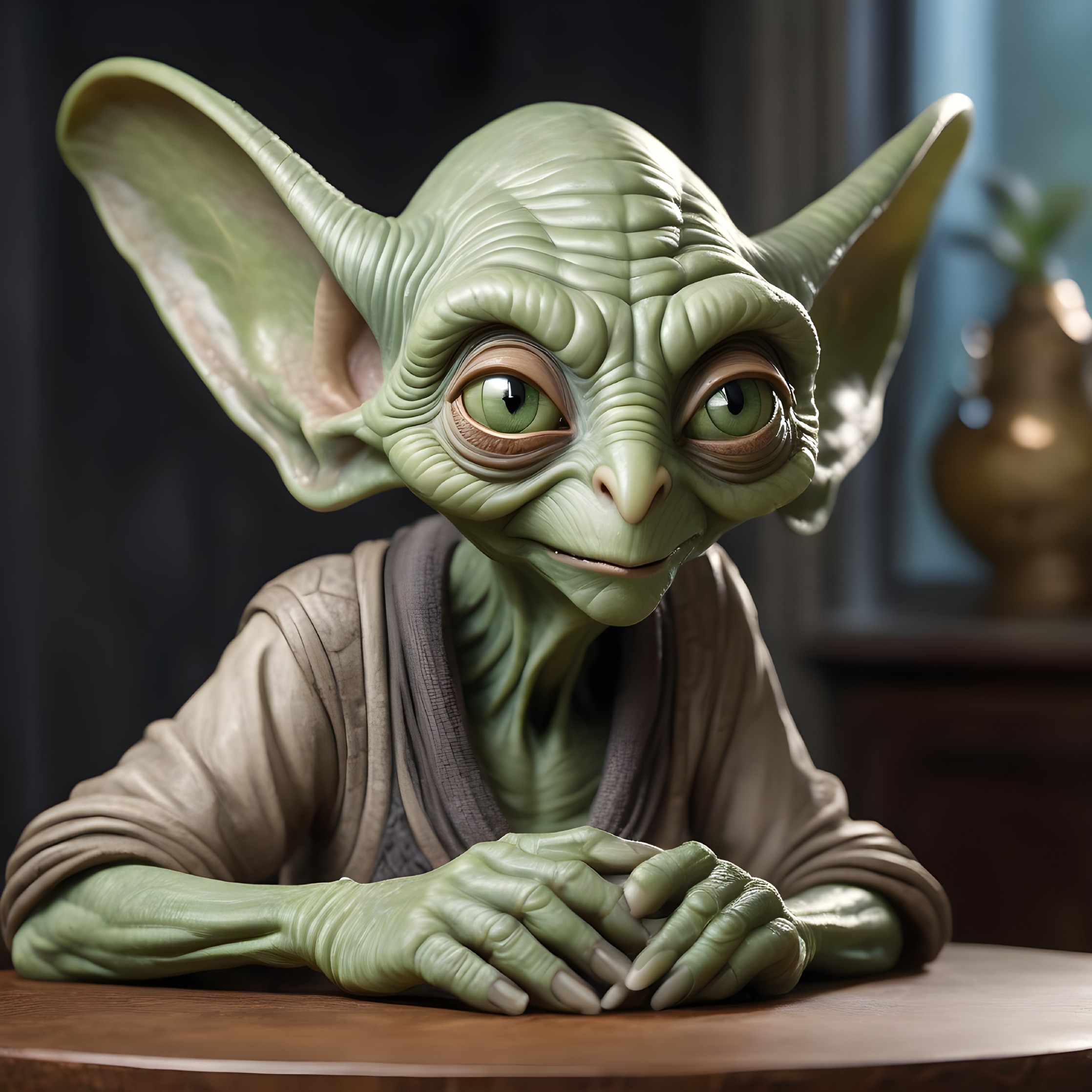 Lifelike whimsical character with green skin and robe