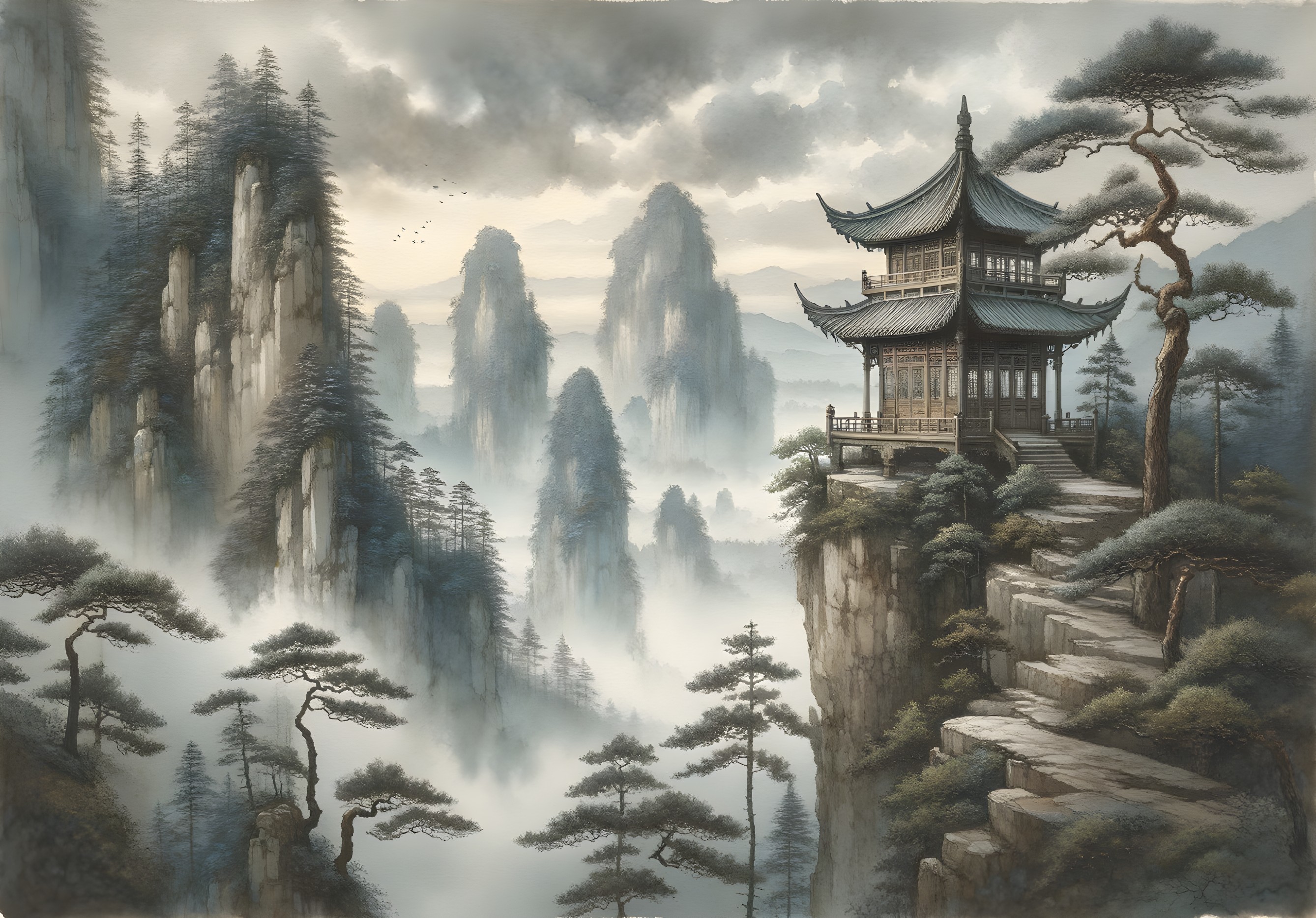 Serene Landscape with Pagoda and Misty Mountains
