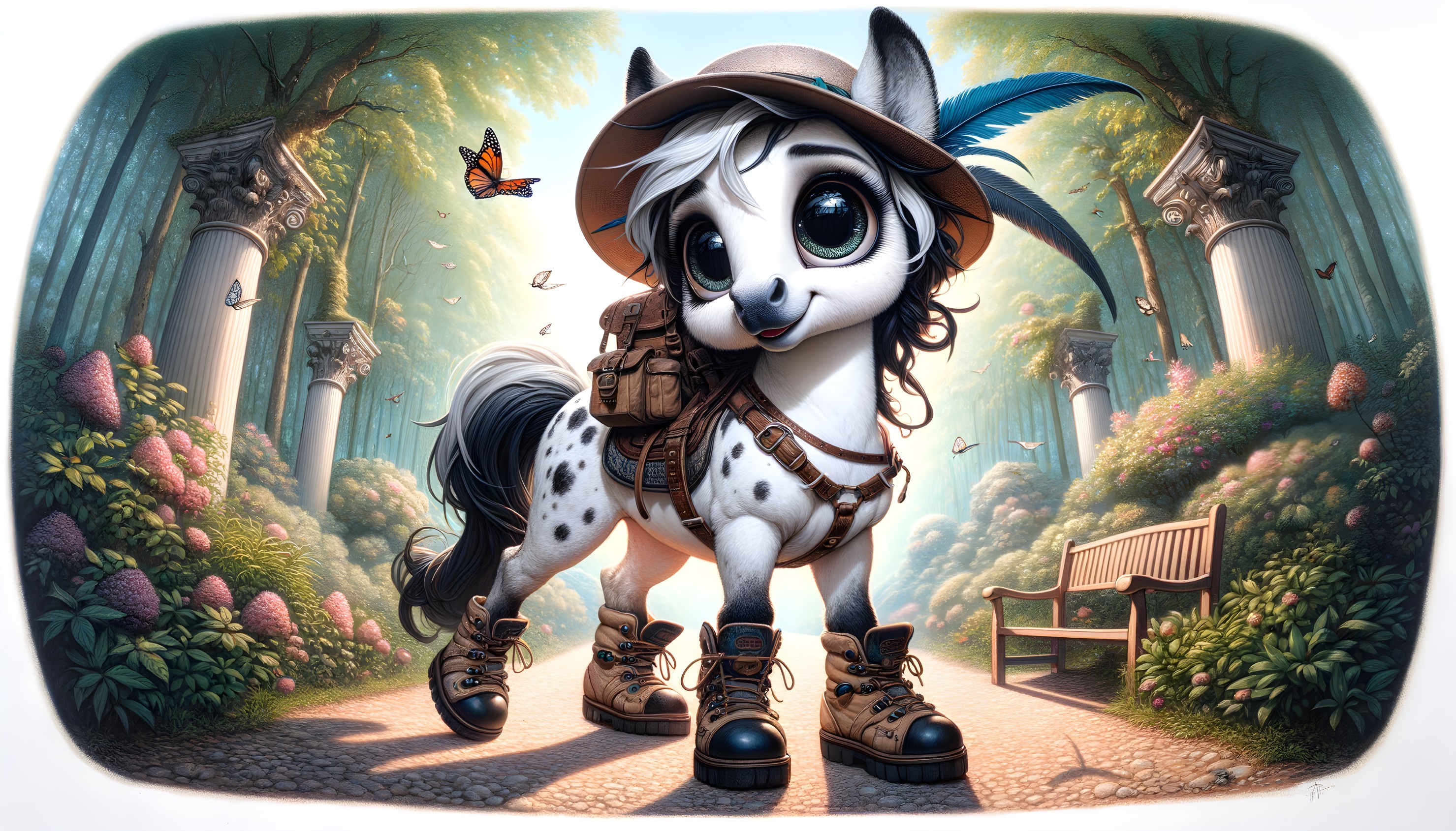 Whimsical Cartoon Pony in Enchanted Forest Setting