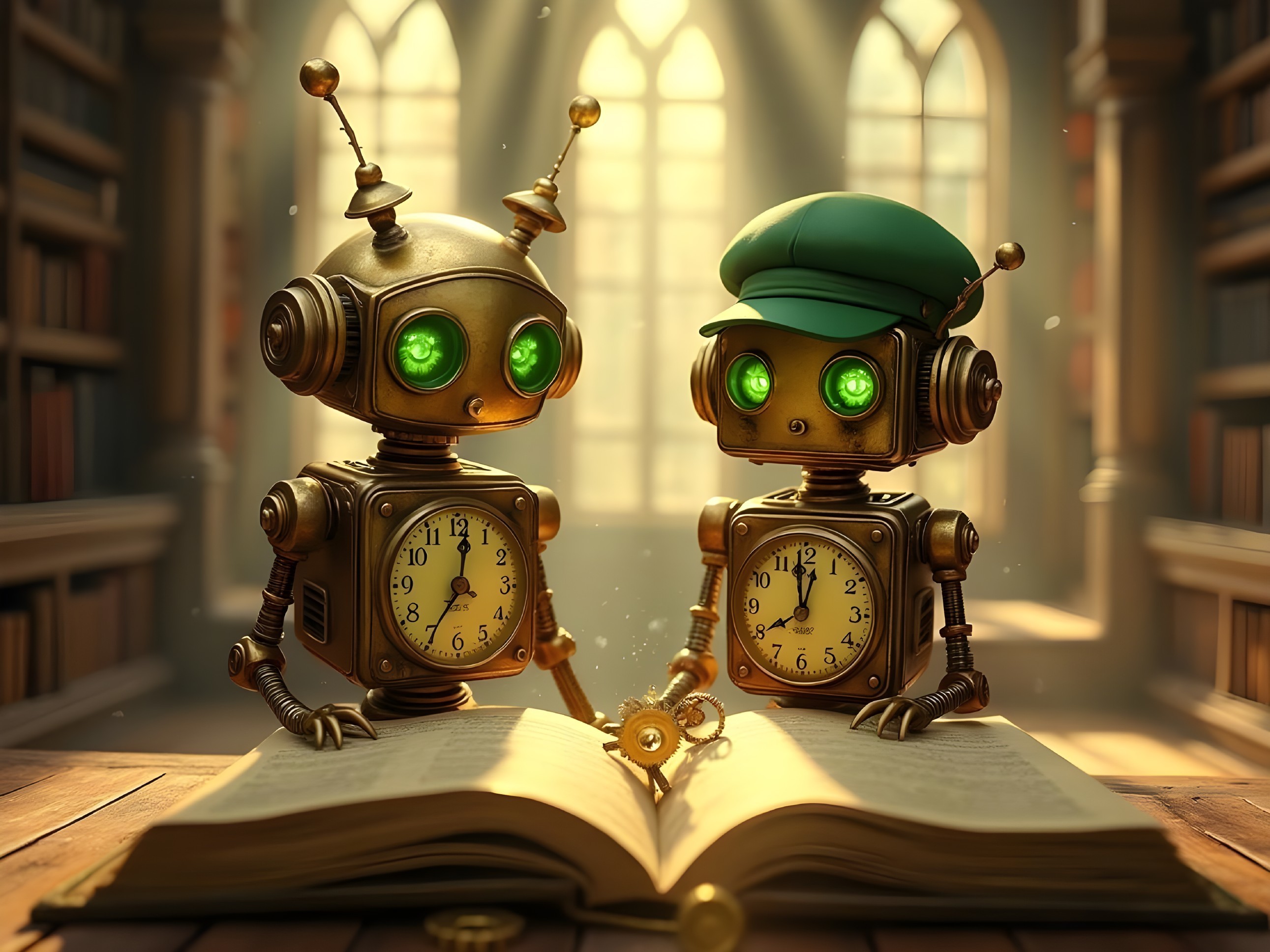 Whimsical Robots Reading in a Cozy Library Setting