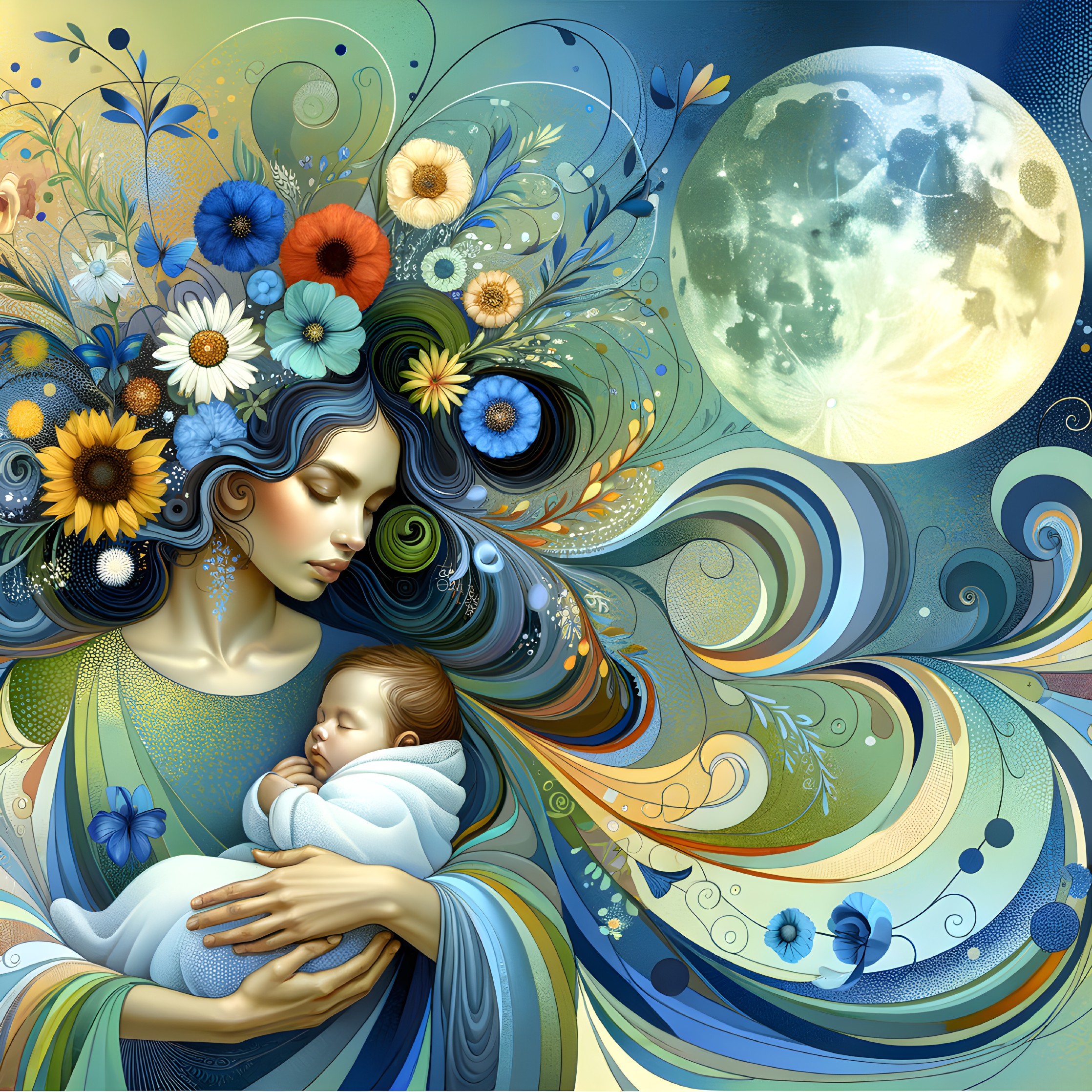 Mother and Baby Surrounded by Flowers and Moonlight