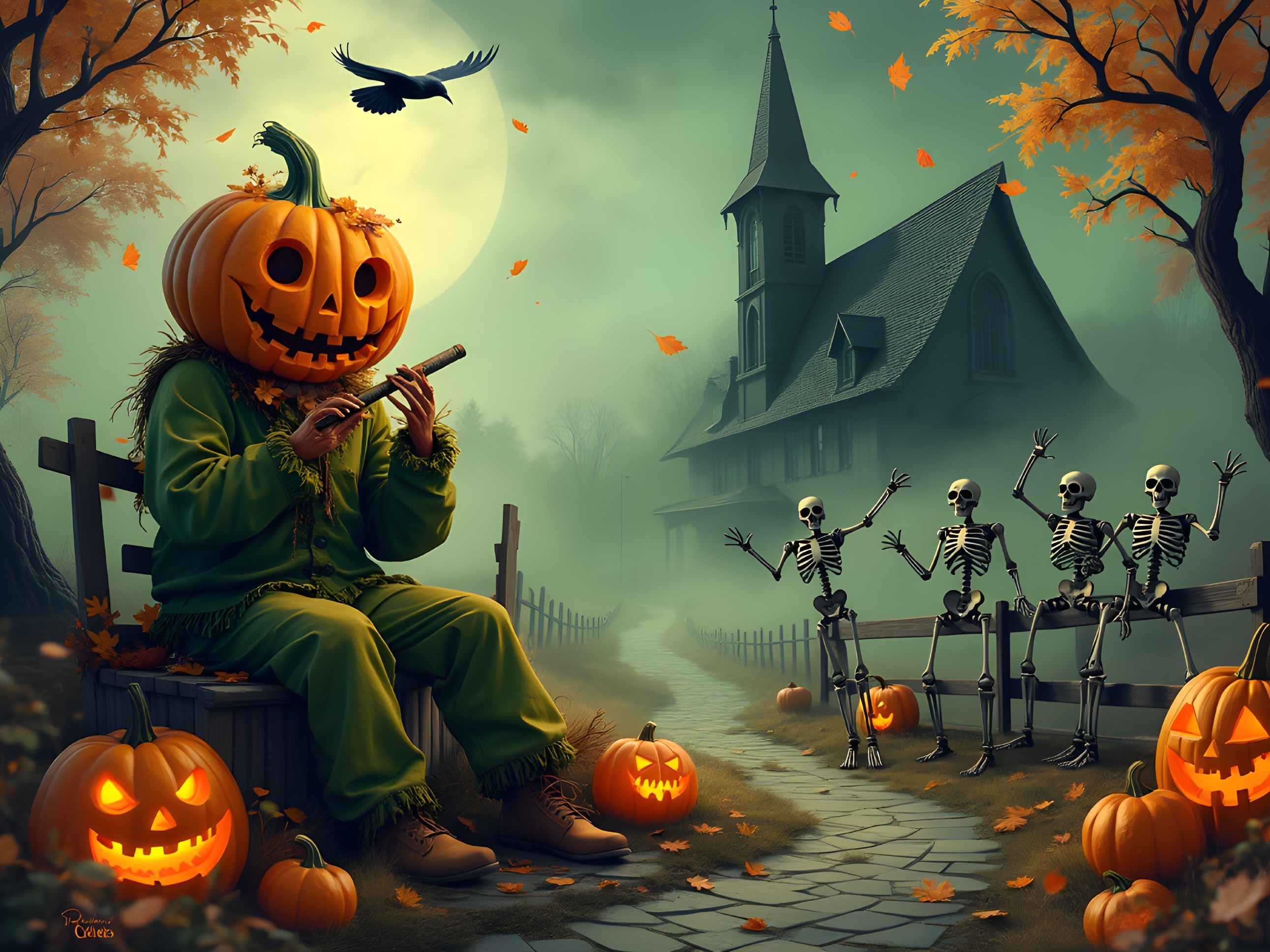 Whimsical Halloween Scene with Pumpkin-Head Character