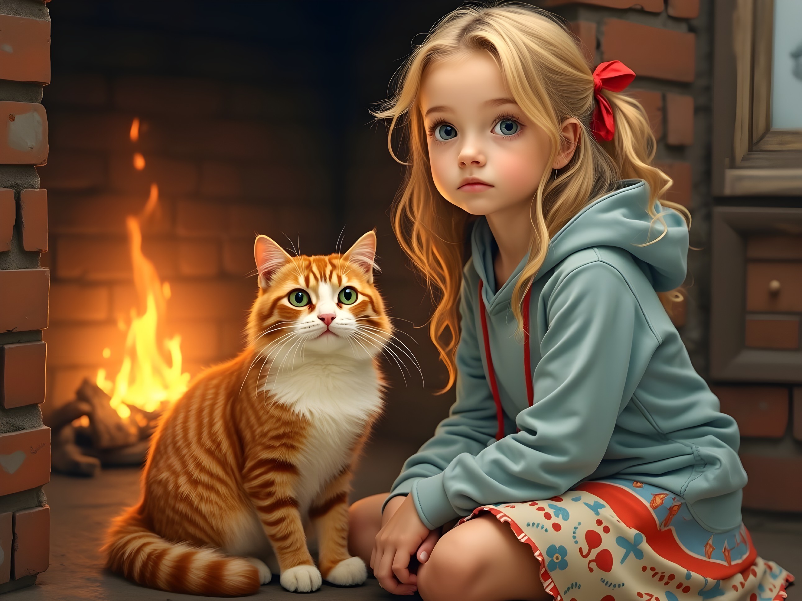 Cozy Room with Girl and Orange Tabby Cat by Fire