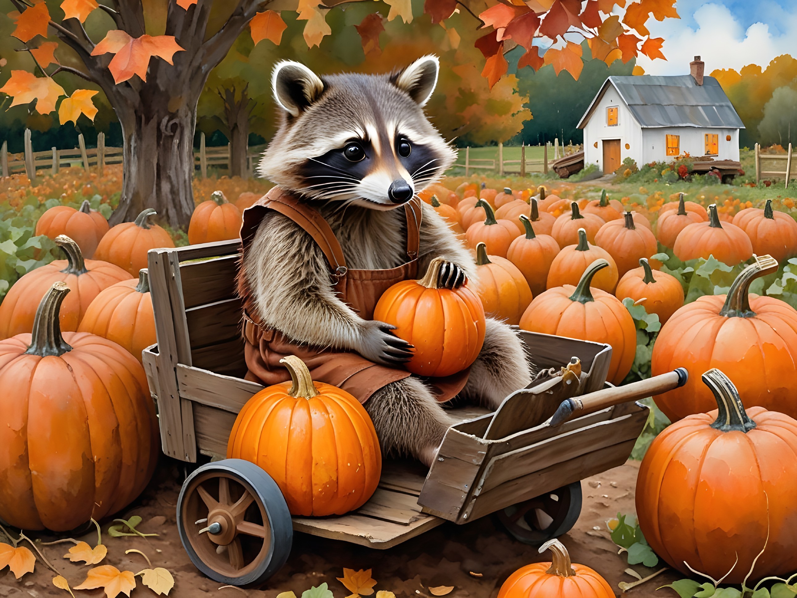 Raccoon in Cart Surrounded by Pumpkins and Autumn Foliage