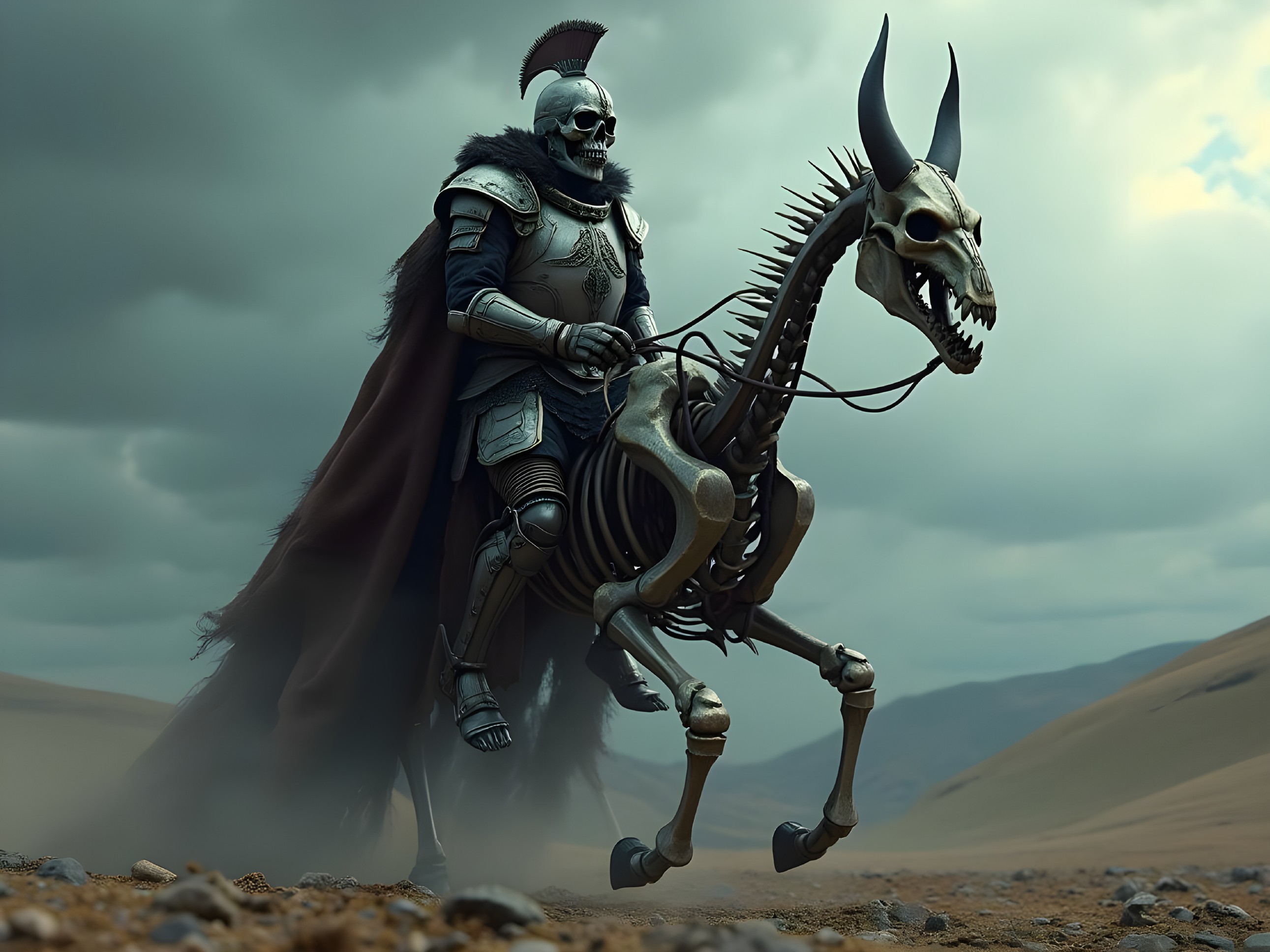 Skeletal Warrior and Horse in Ominous Landscape
