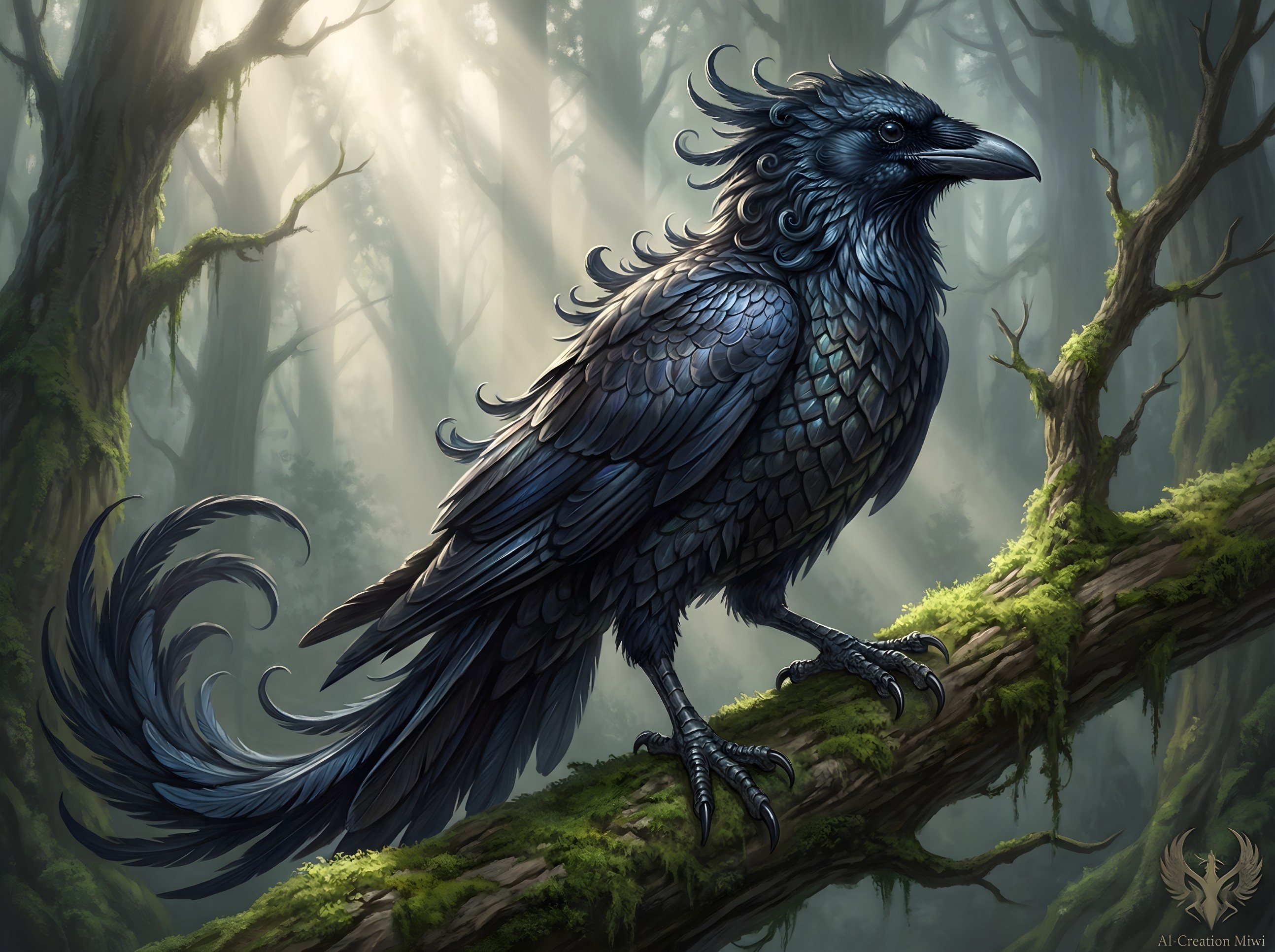 Ornate Black Raven in Misty Forest Setting