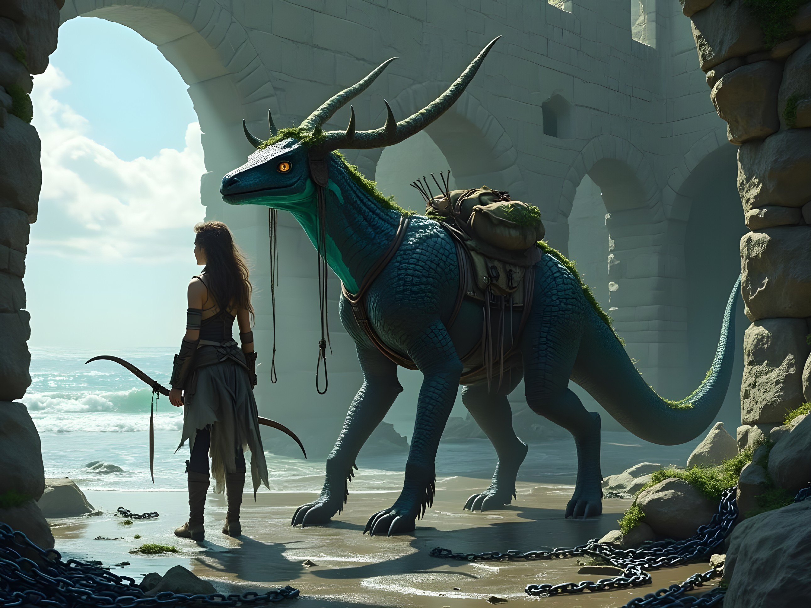 Lone Warrior and Scaled Creature on Rocky Shore
