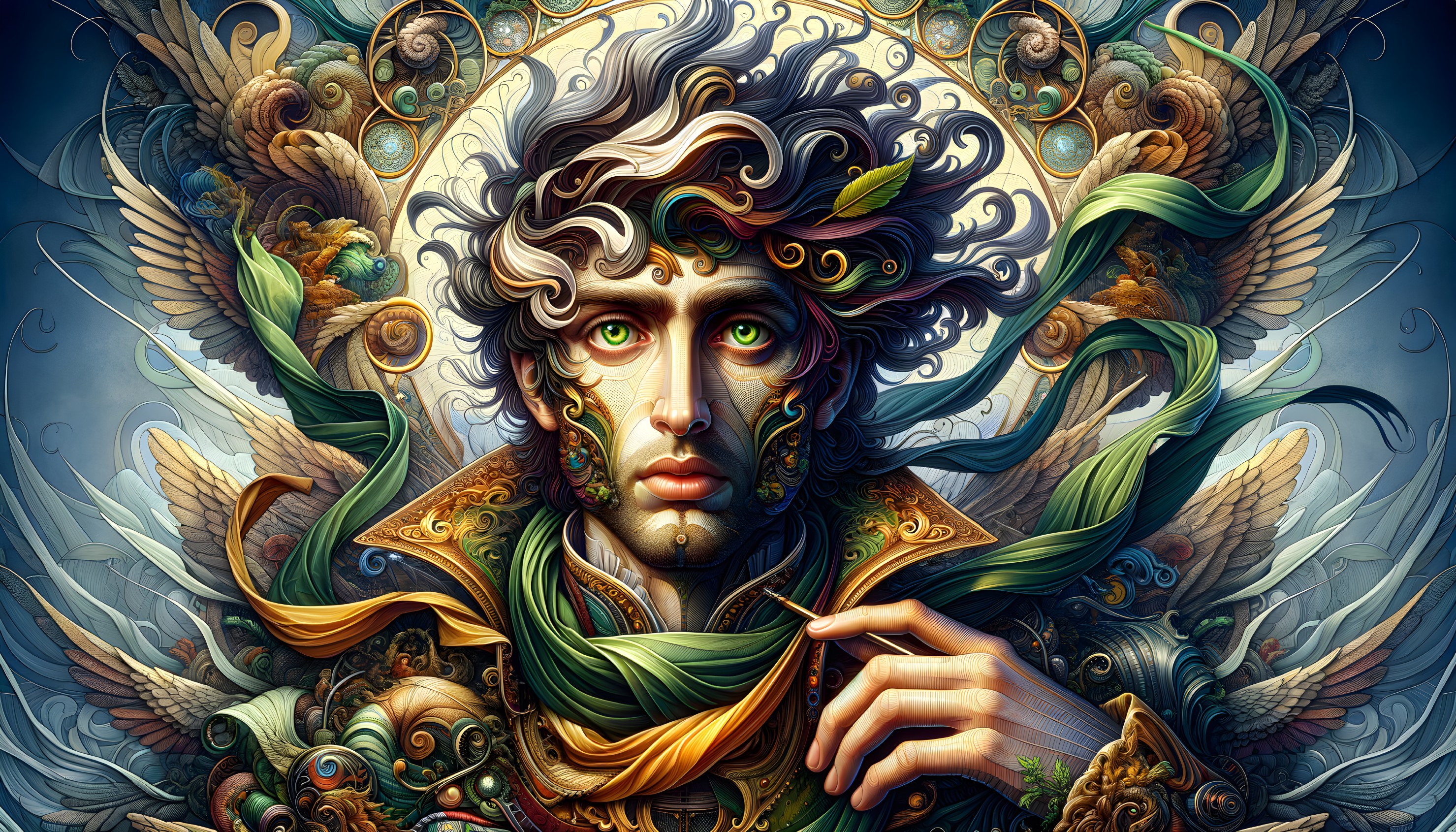 Detailed digital artwork of fantastical character with intricate feathers and ornate patterns.