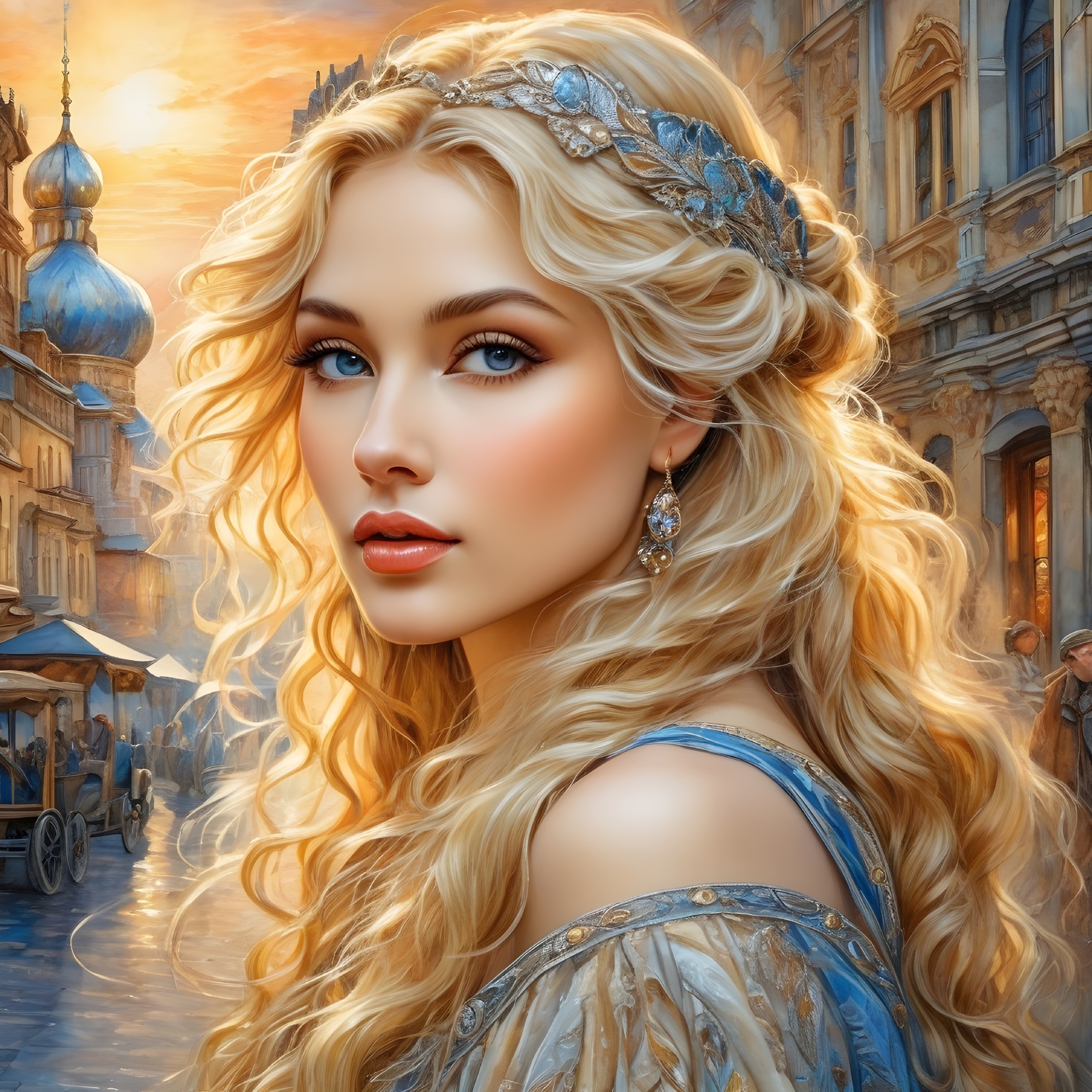 Portrait of a Woman in Blue Gown at Sunset Scene