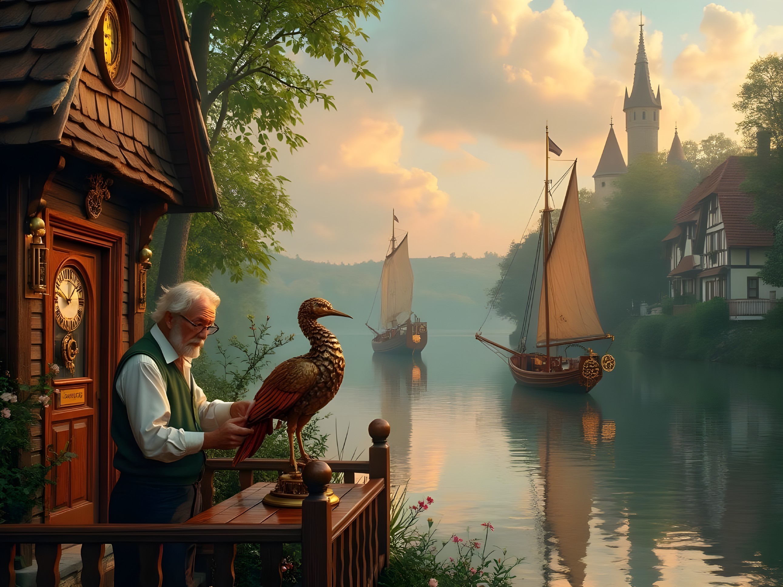 Elderly Man Carving Bird Sculpture by Lakeside Cottage