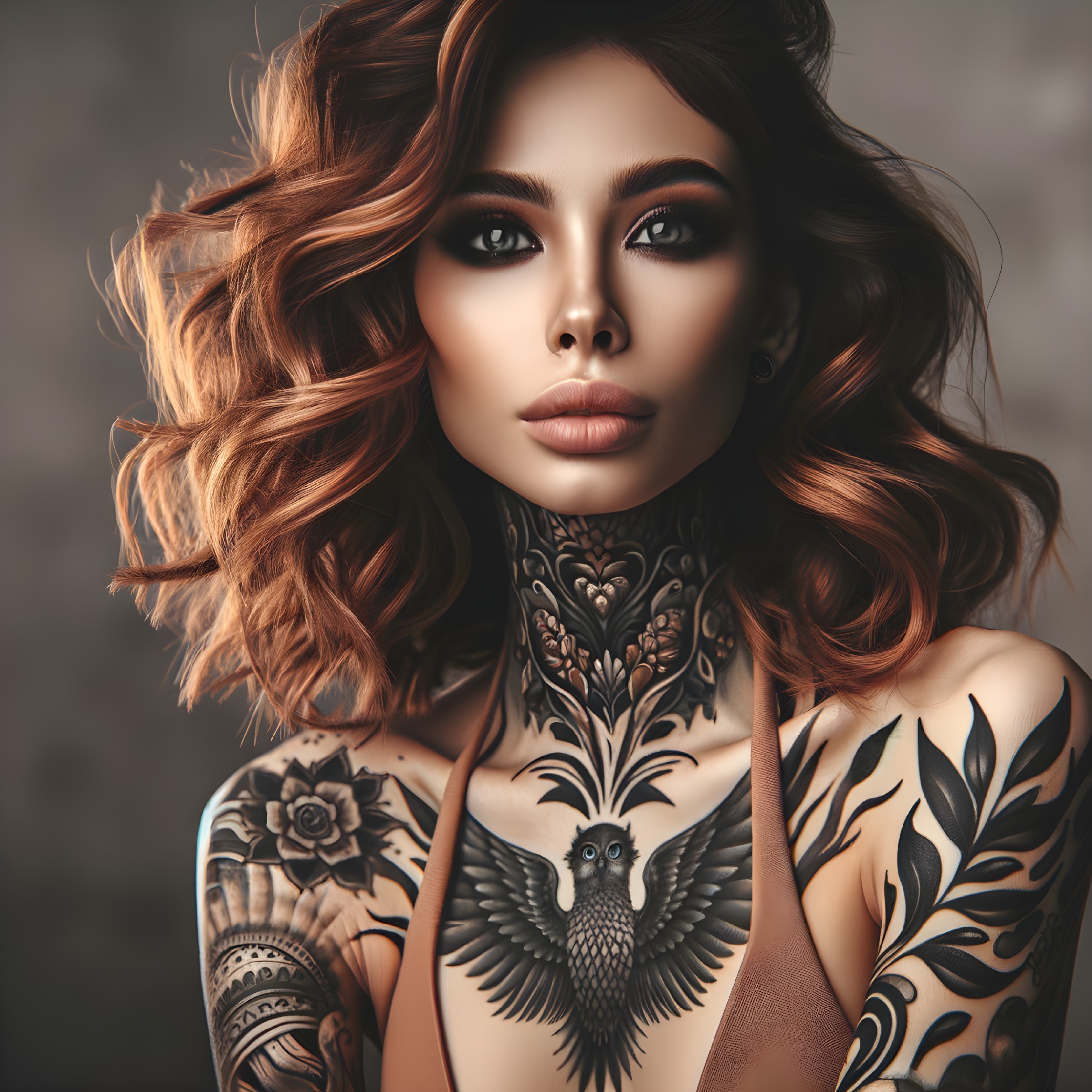Close-up Portrait of a Woman with Tattoos and Makeup