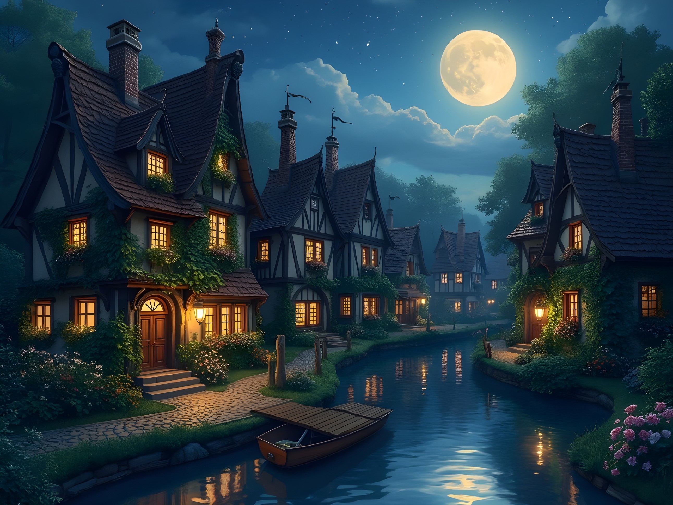 Charming Village at Night with Cottages and Canal