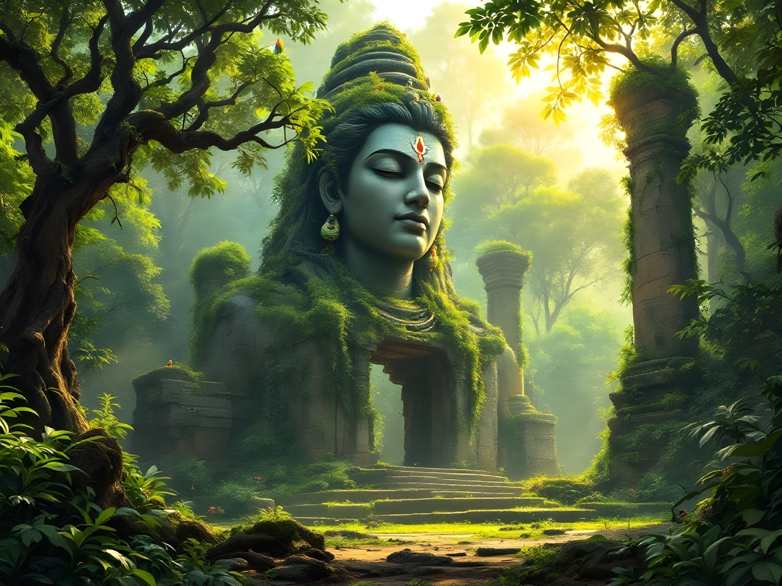 Colossal Deity Statue Surrounded by Ancient Ruins