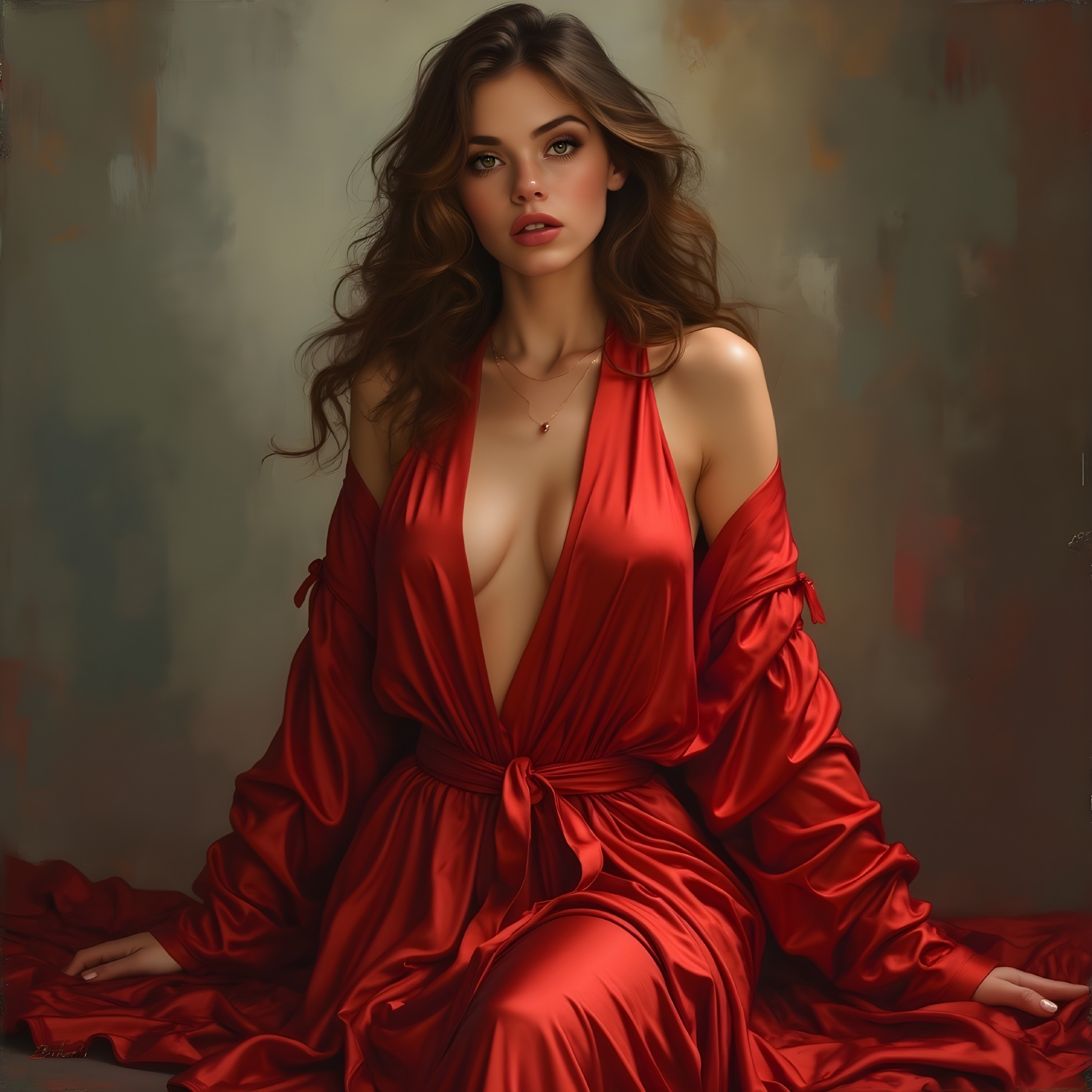 Elegant Woman in Flowing Red Satin Ensemble