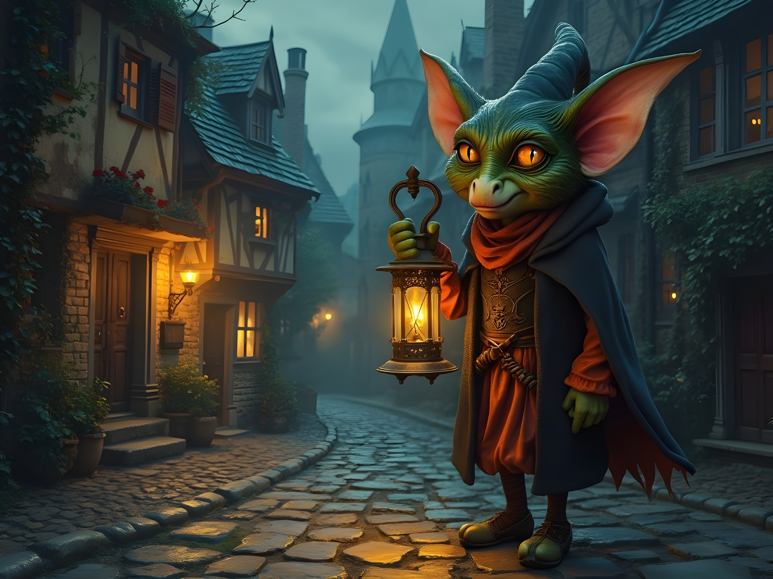 Whimsical Creature in Medieval Cobblestone Setting
