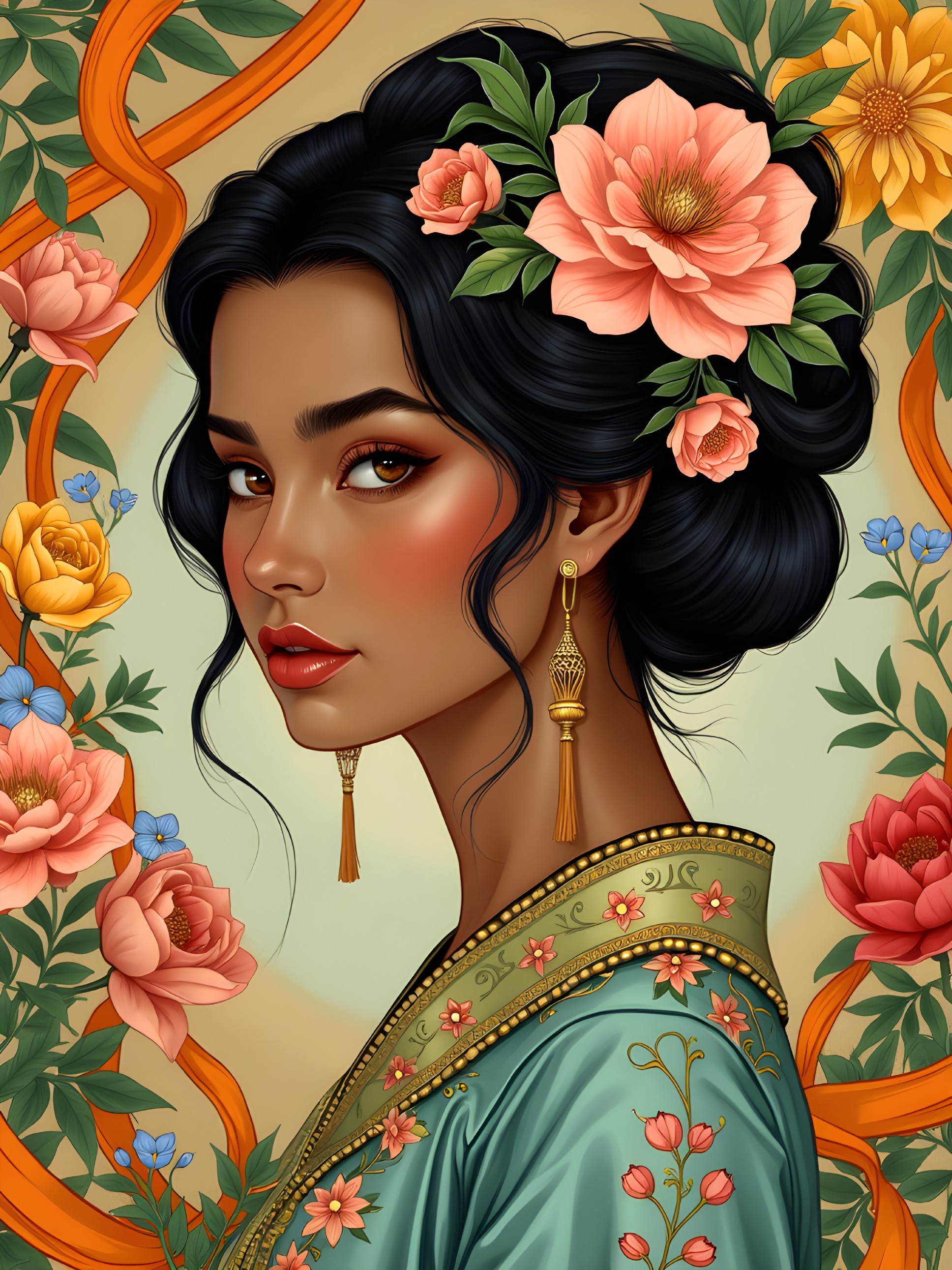 Young woman in floral hair and teal embroidered dress