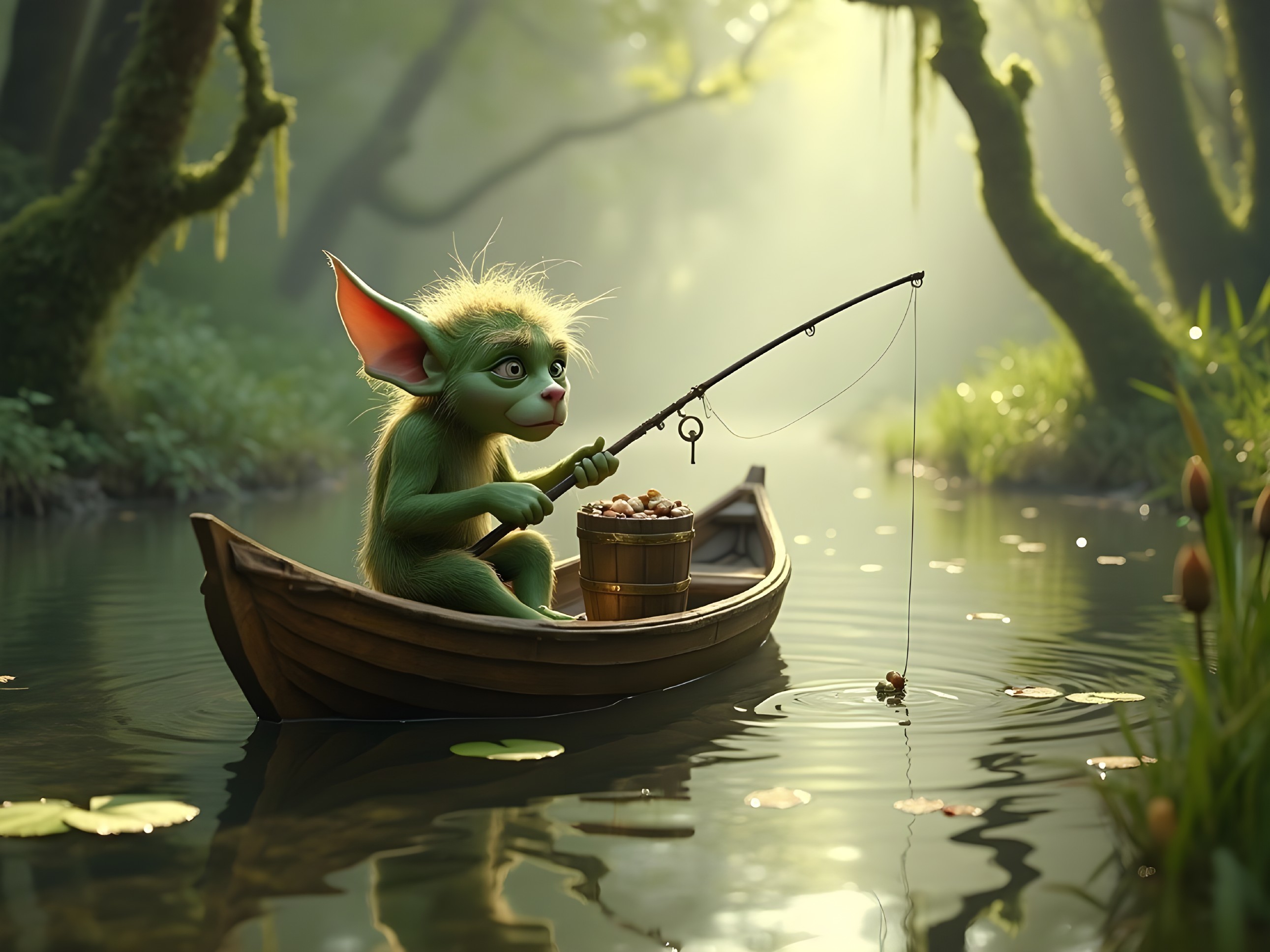 Whimsical creature fishing in a sunlit forest pond