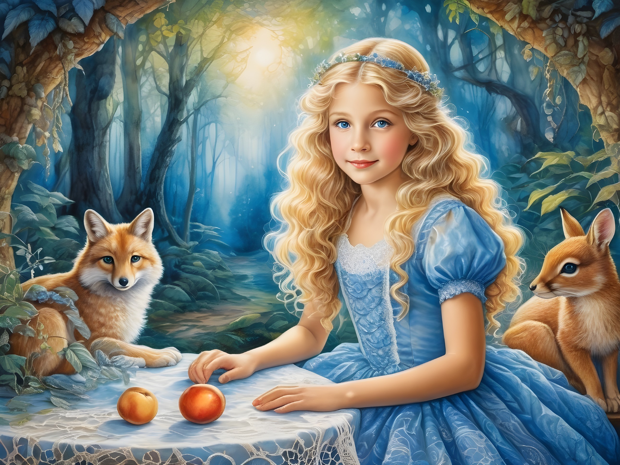 Young girl in blue dress with foxes in mystical forest