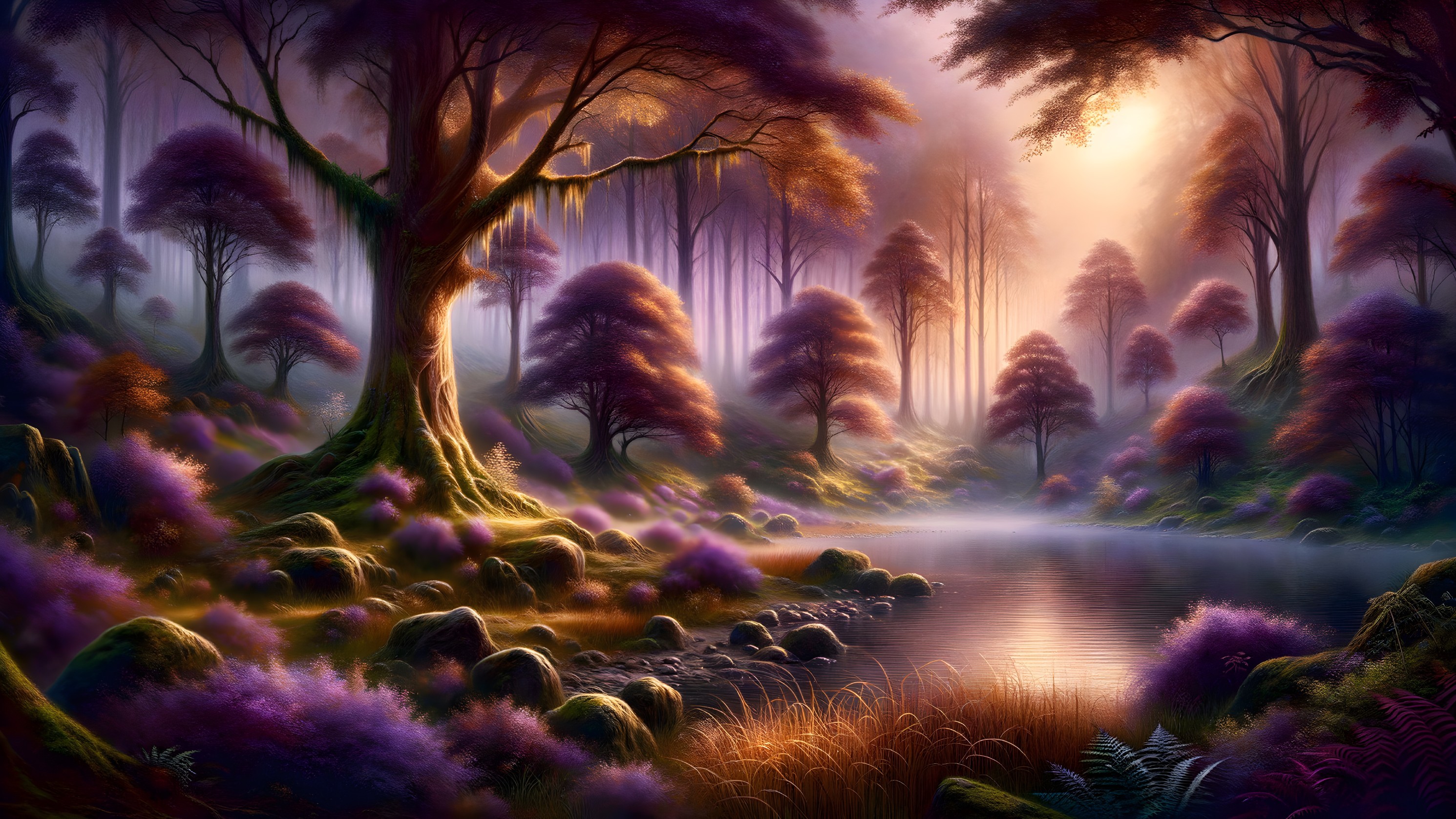 Enchanted forest with golden light and vibrant foliage