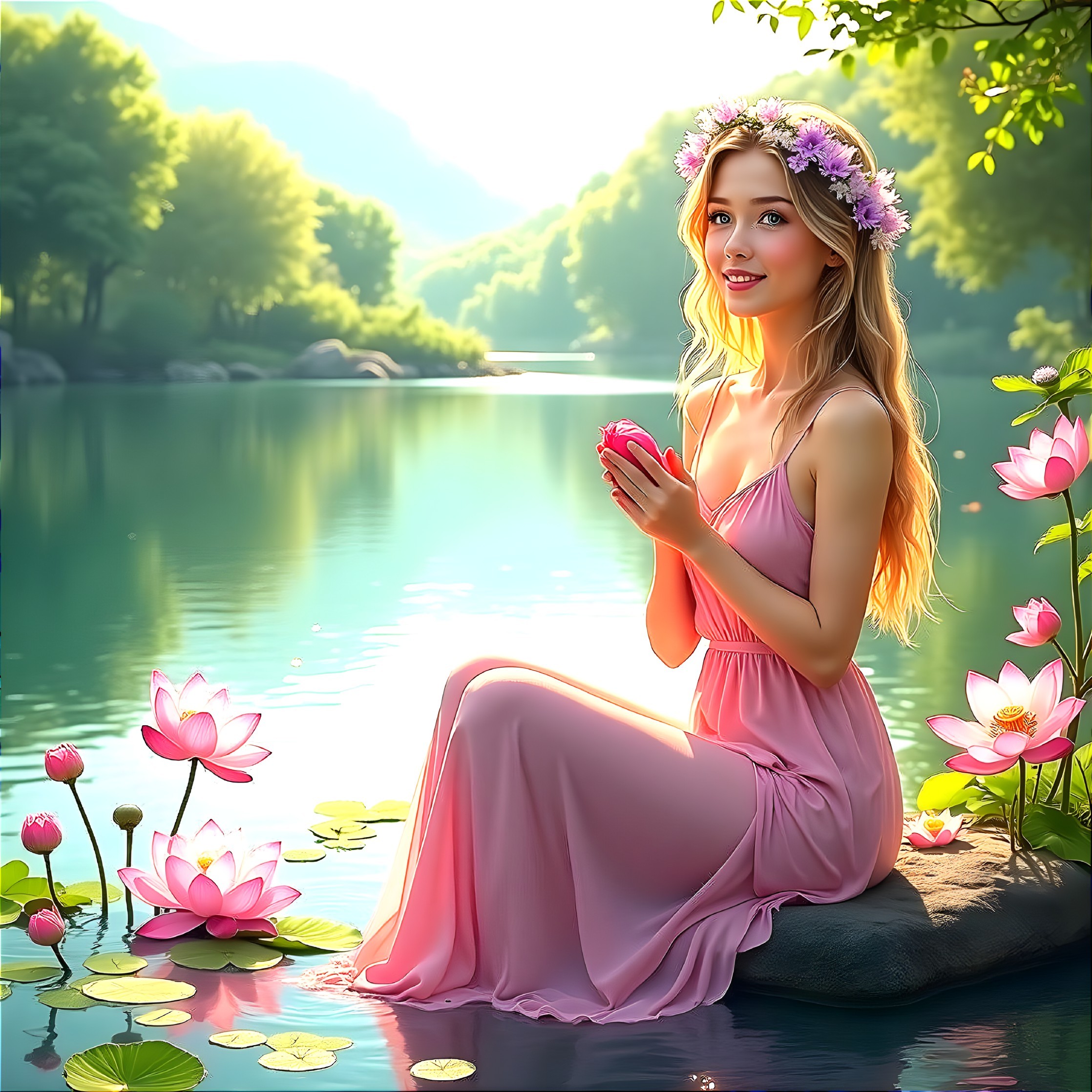 Young Woman in Pink Gown by Tranquil Lake