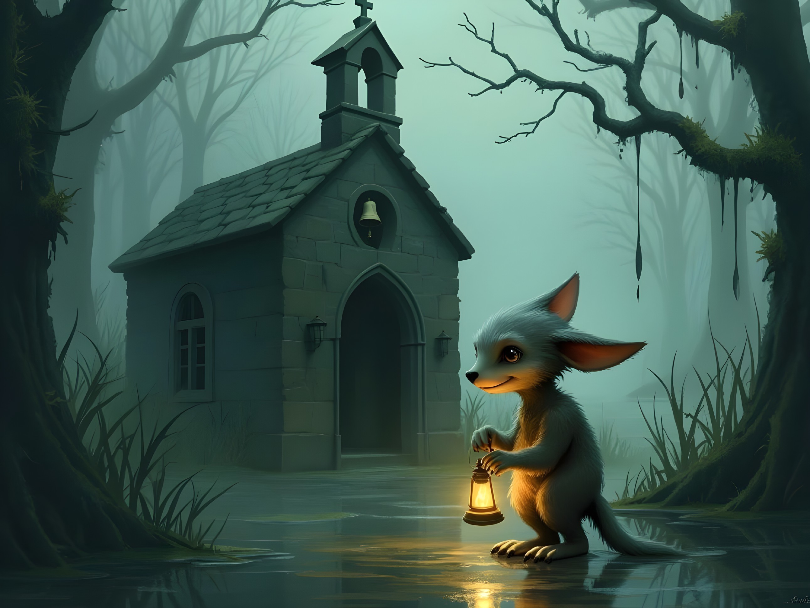 Whimsical creature with lantern near enchanted chapel