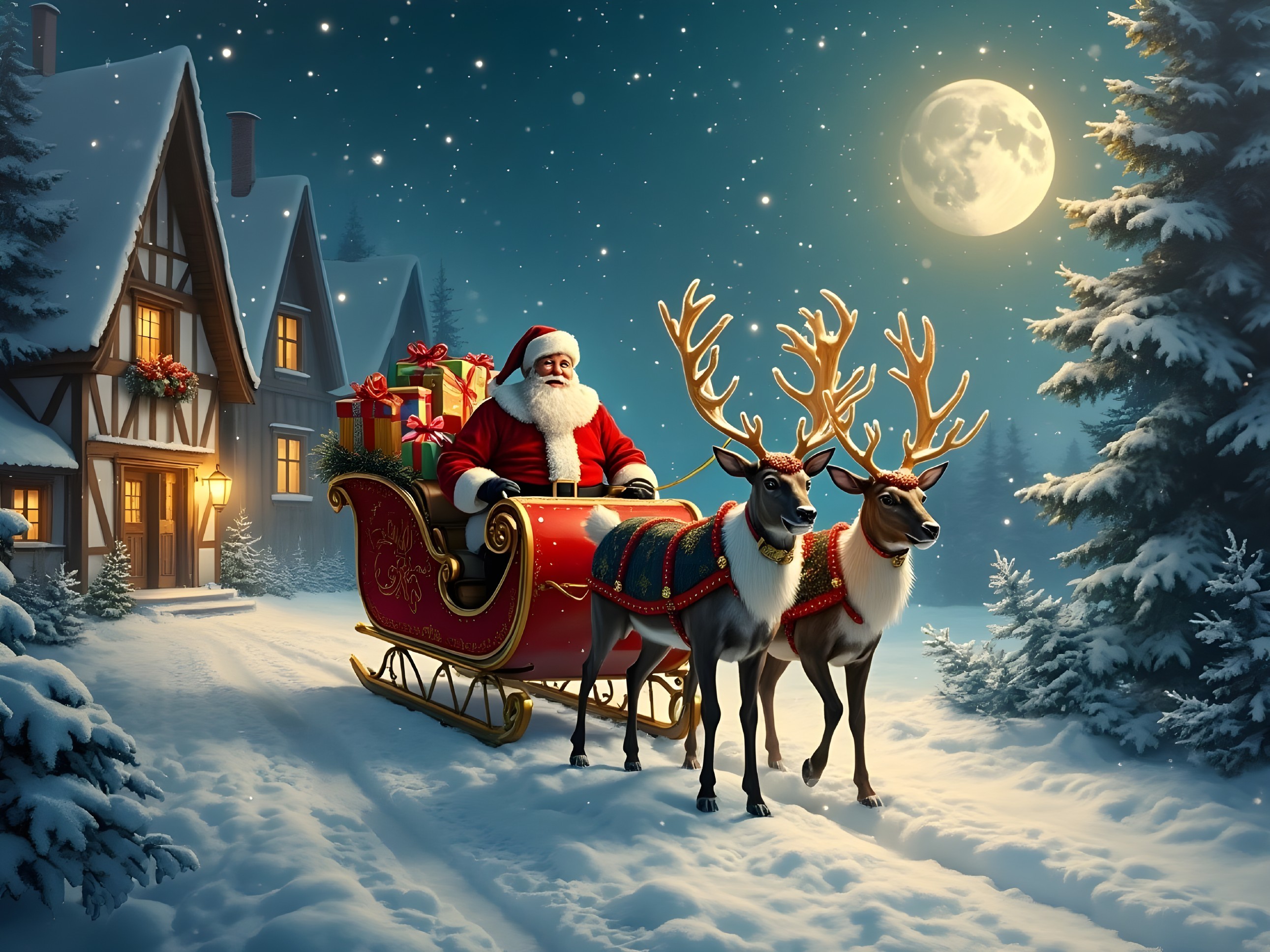 Santa Claus in a sleigh with reindeer in a snowy scene