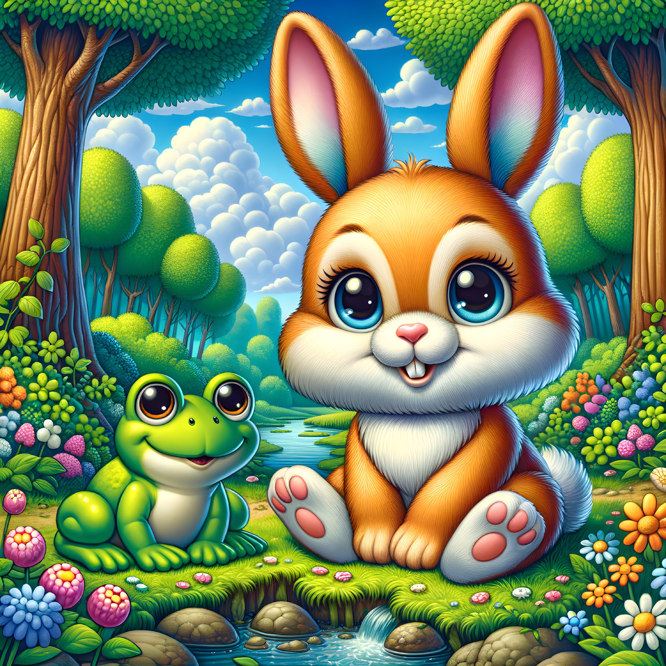 Cheerful Bunny and Frog by Sparkling Stream in Forest