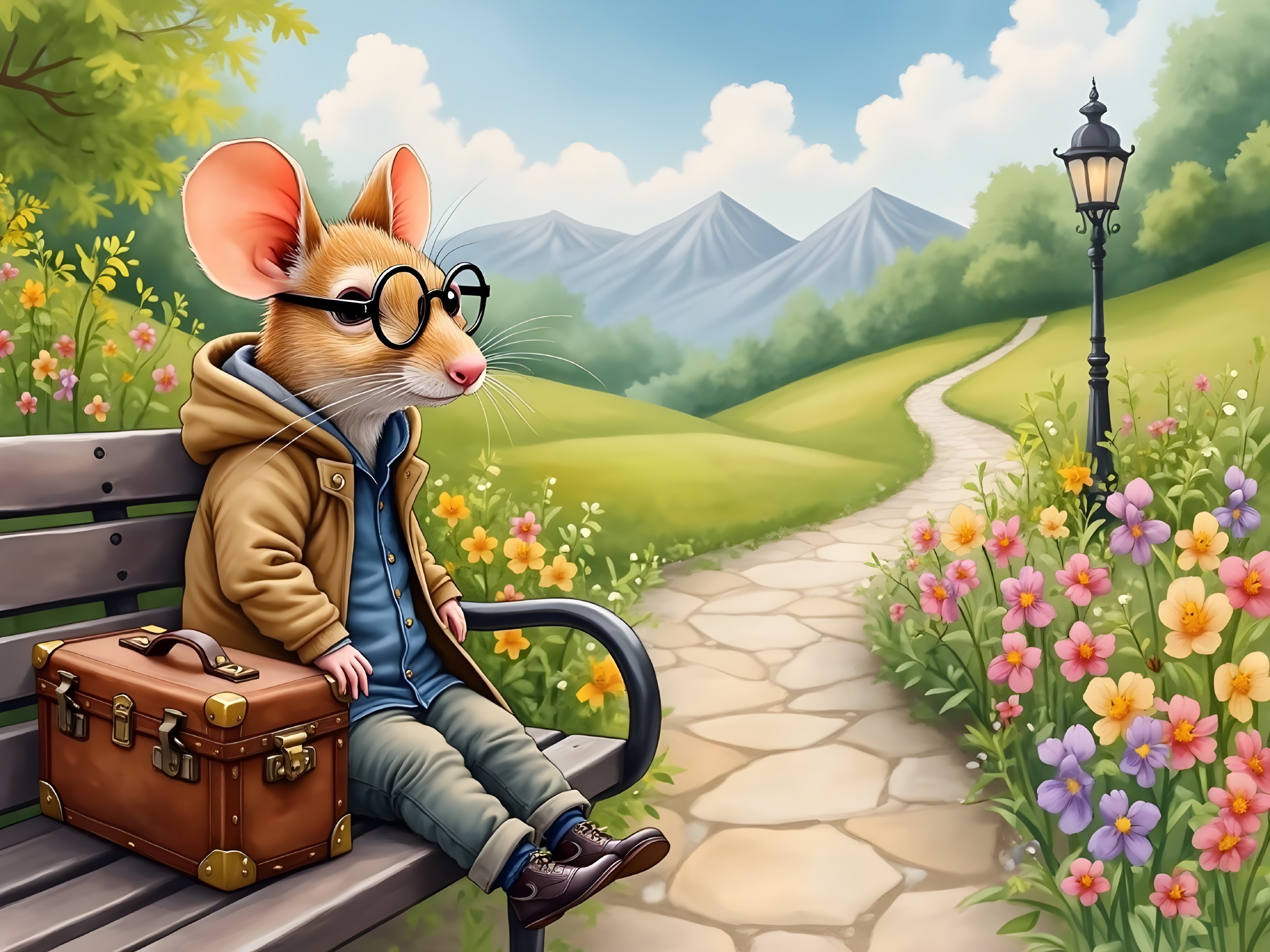 Anthropomorphic mouse on bench in vibrant park setting