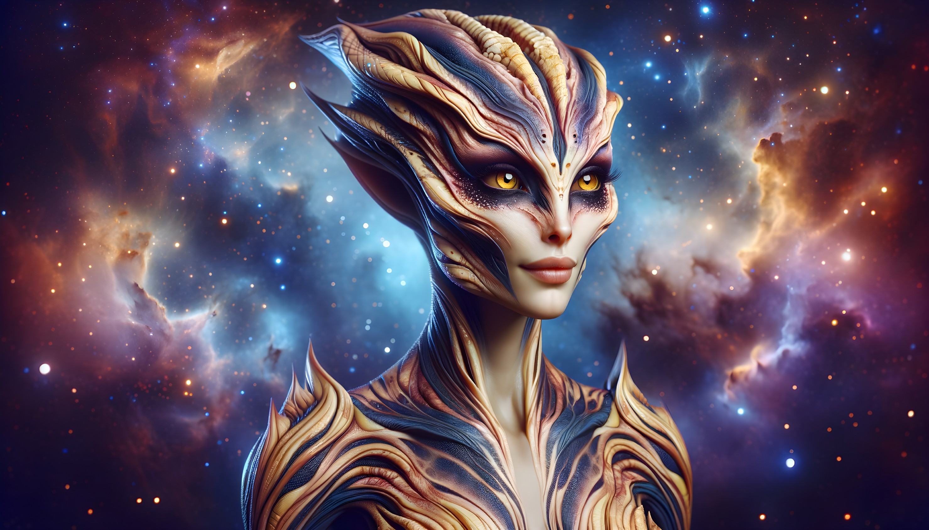 Alien Figure with Organic Features in Cosmic Nebulae