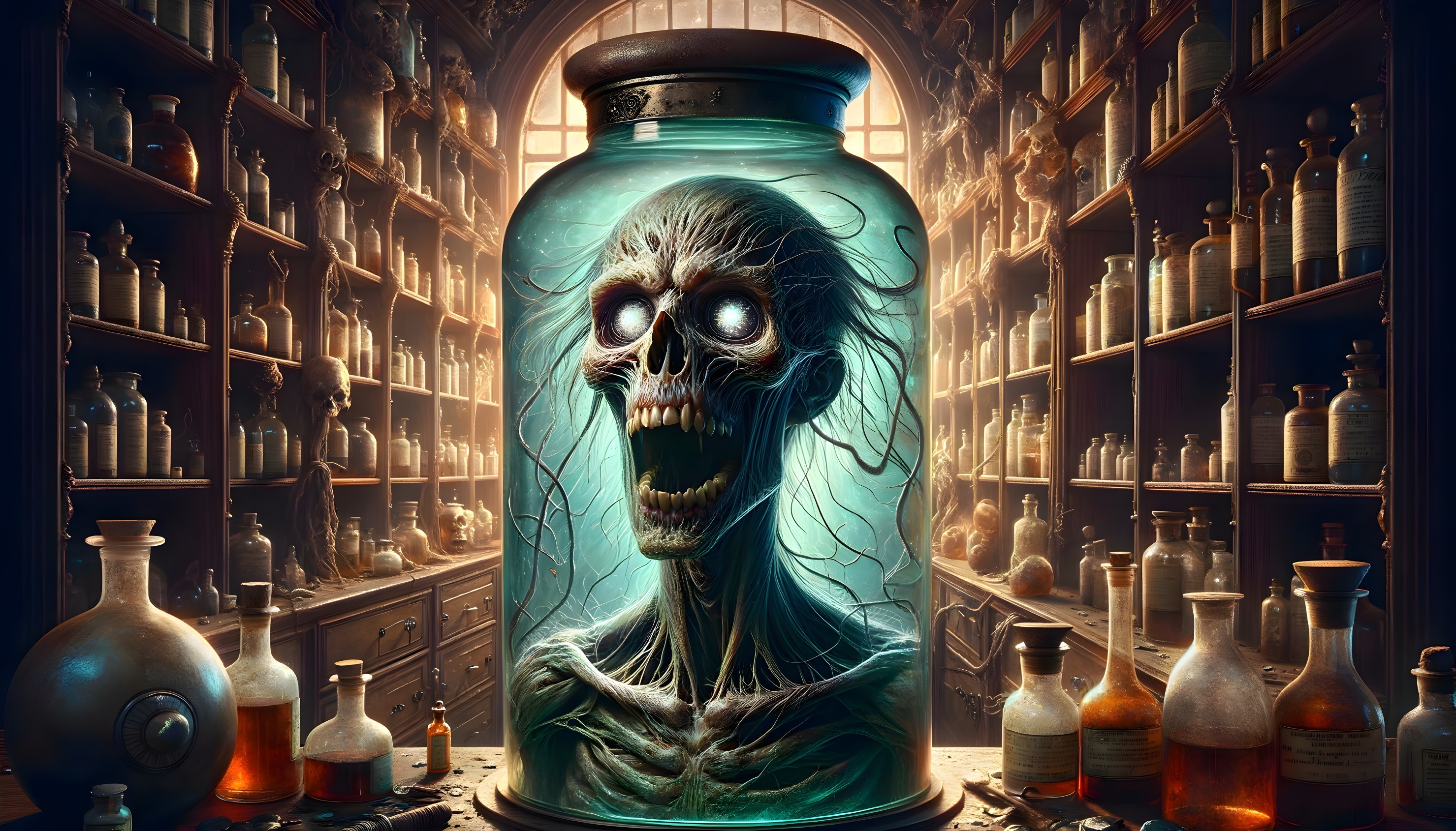 Skeletal Figure in Glass Jar in Dim Apothecary