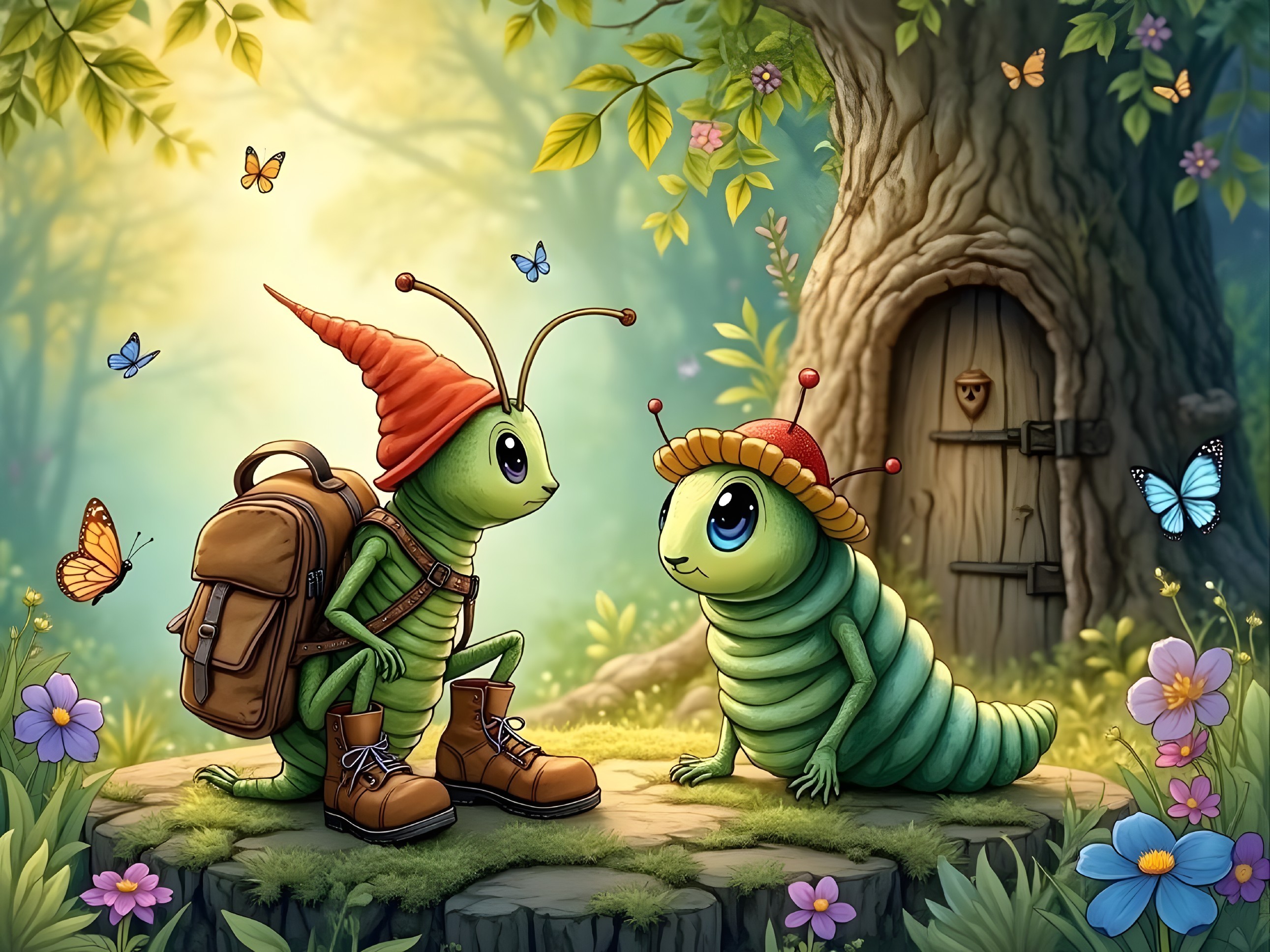Caterpillars in a Whimsical Forest Glade Setting