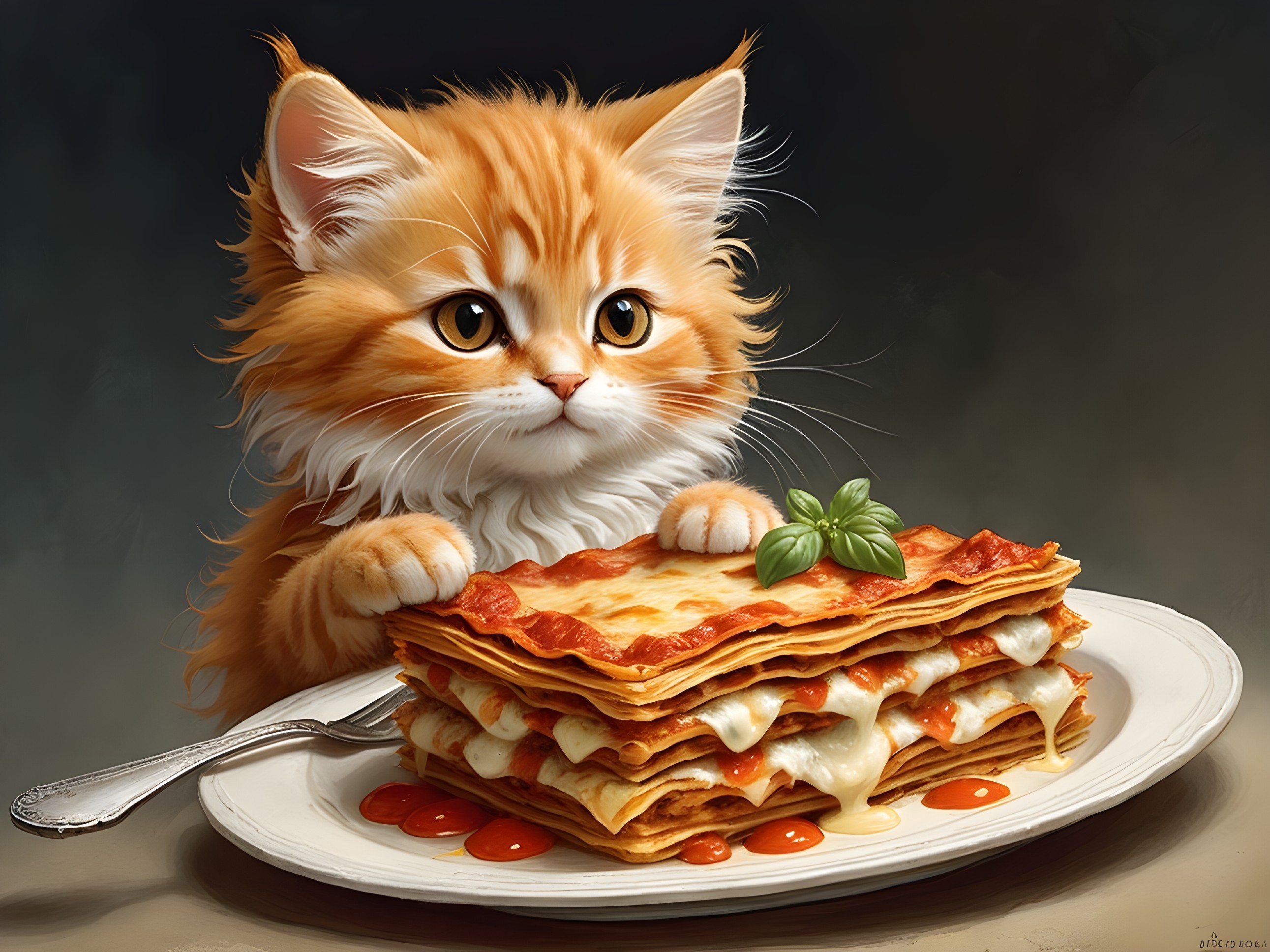 Fluffy Orange Tabby Kitten and Plate of Lasagna