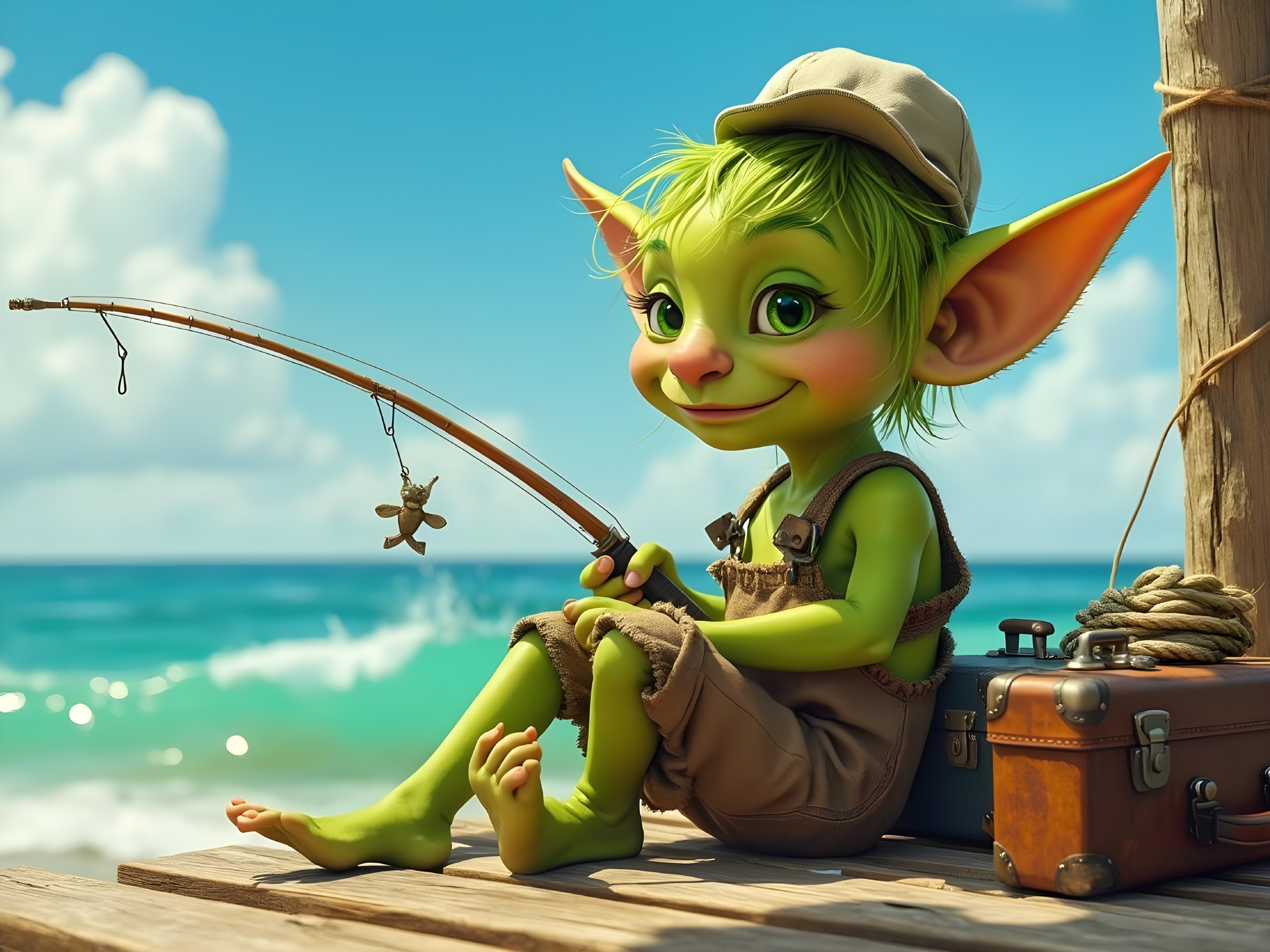 Cartoonish Green Character Fishing on a Sunny Dock