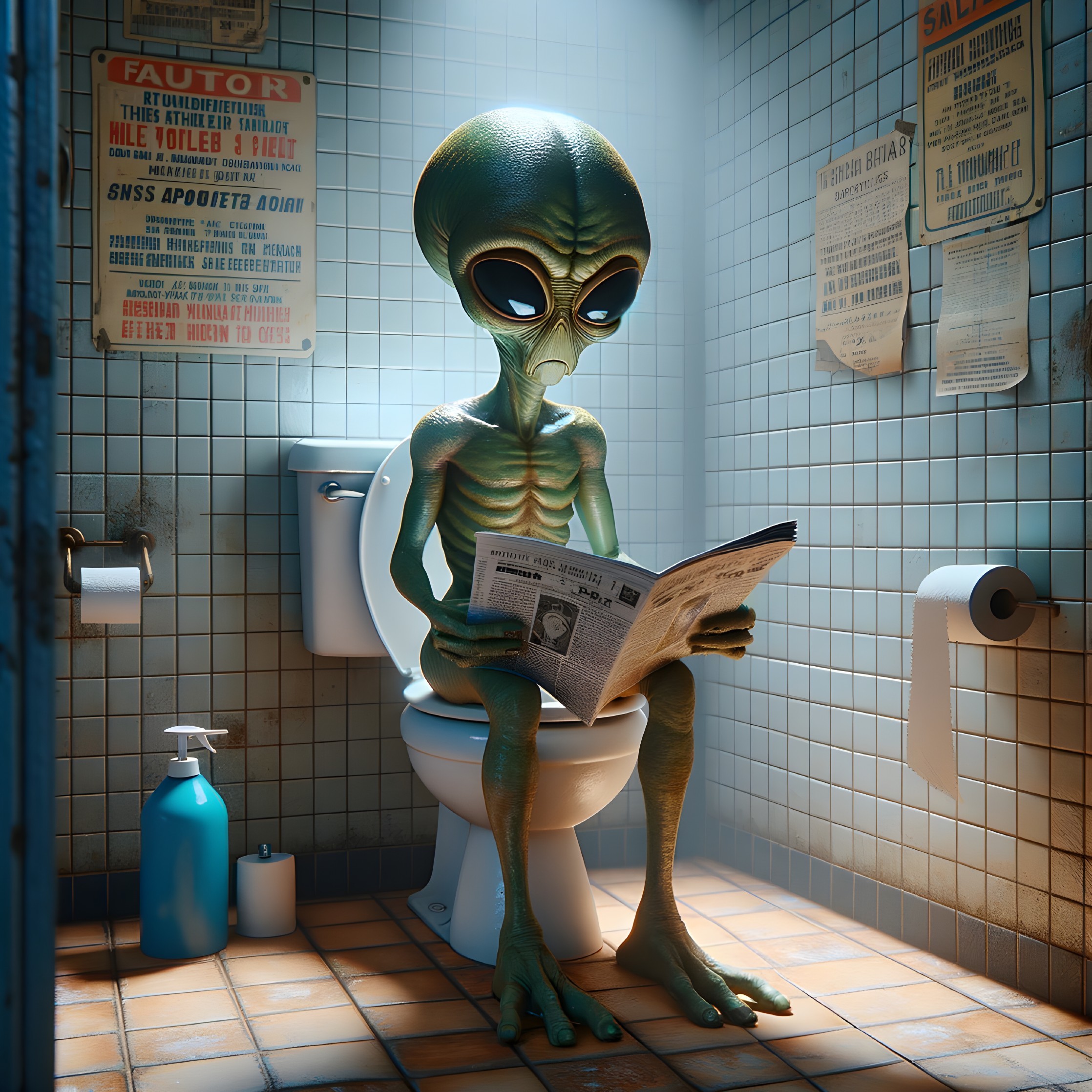 Alien Reading Newspaper in Dimly Lit Restroom