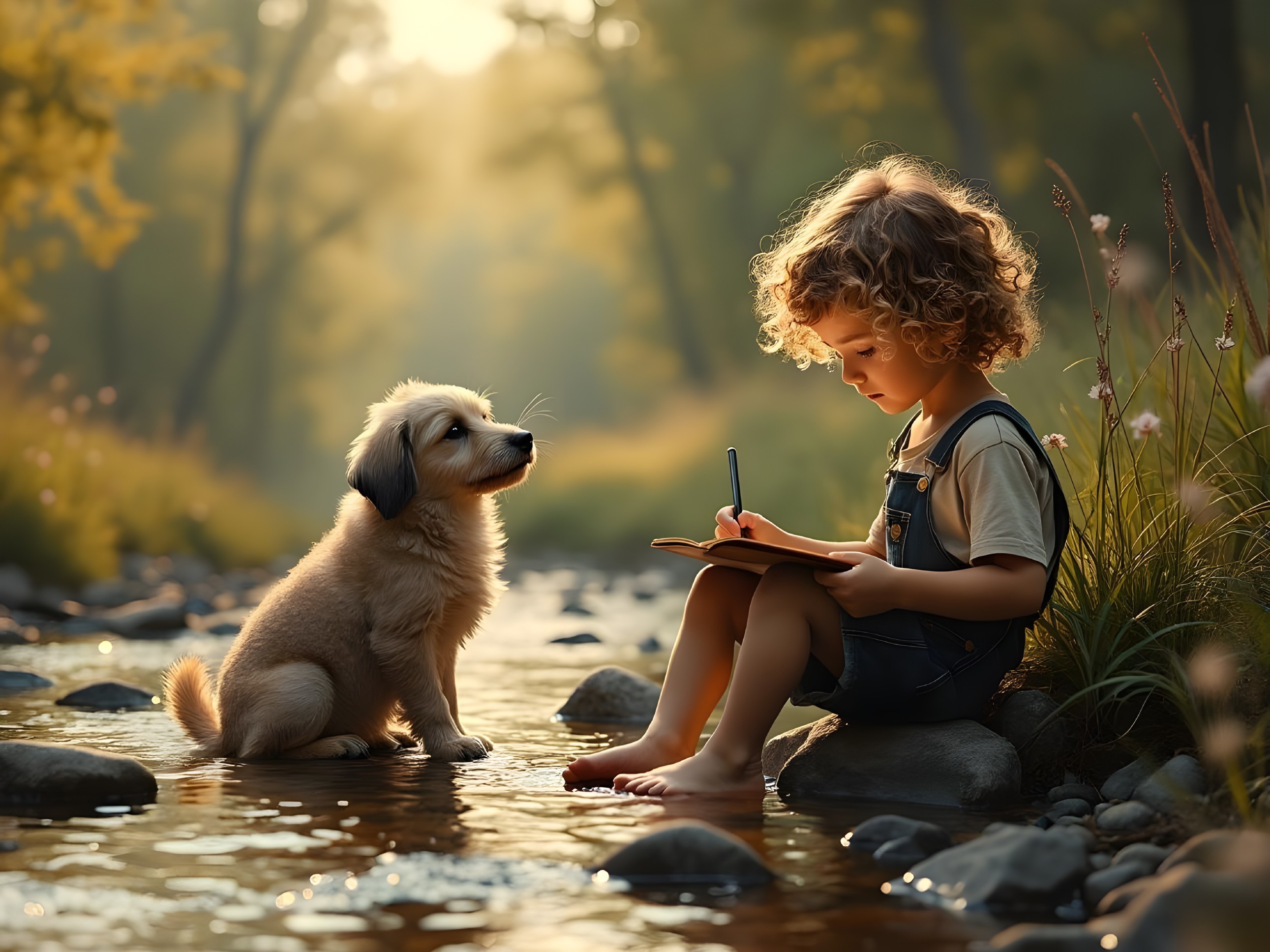 Child Writing by Stream with Puppy in Sunlight