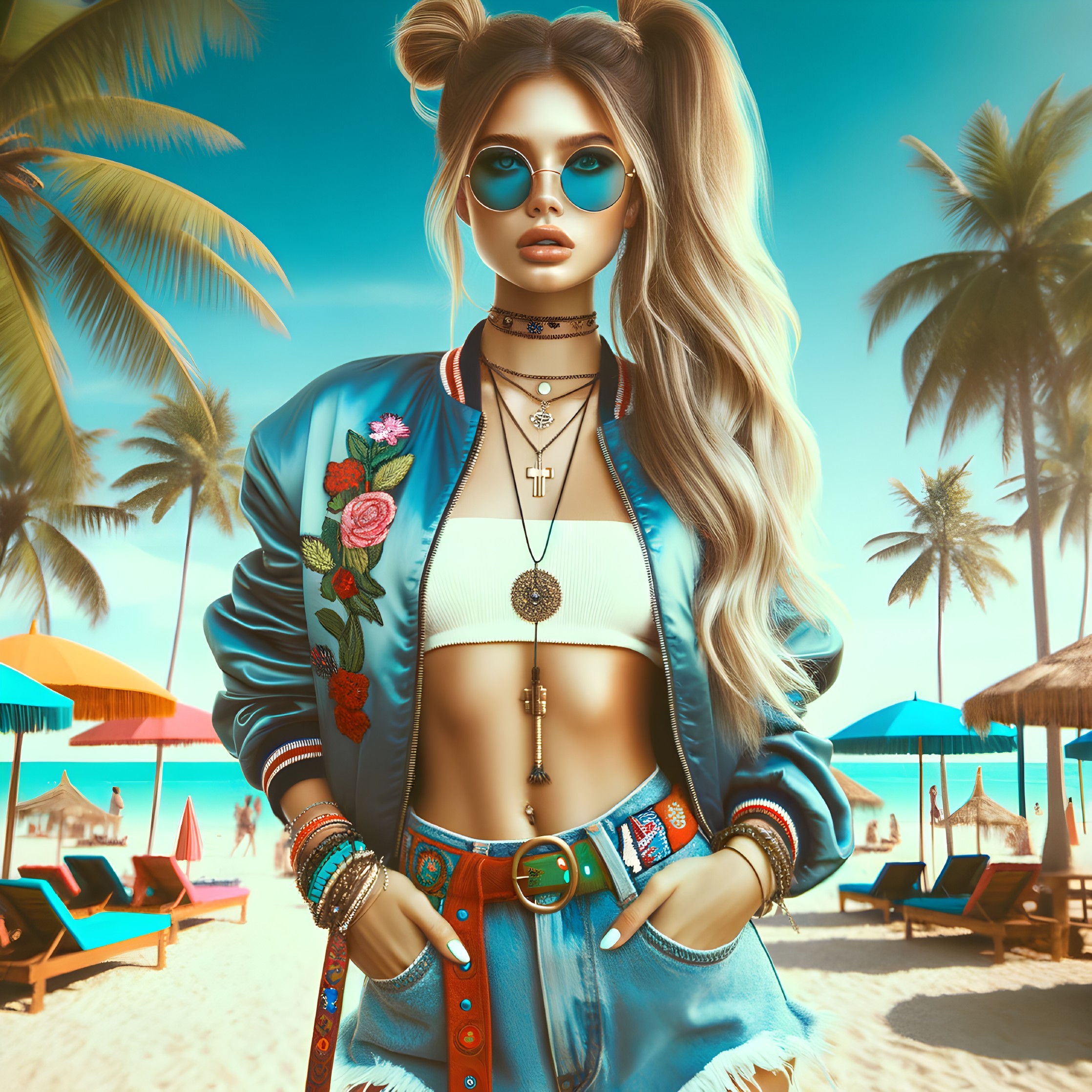 Fashionable Young Woman at Vibrant Beach Scene