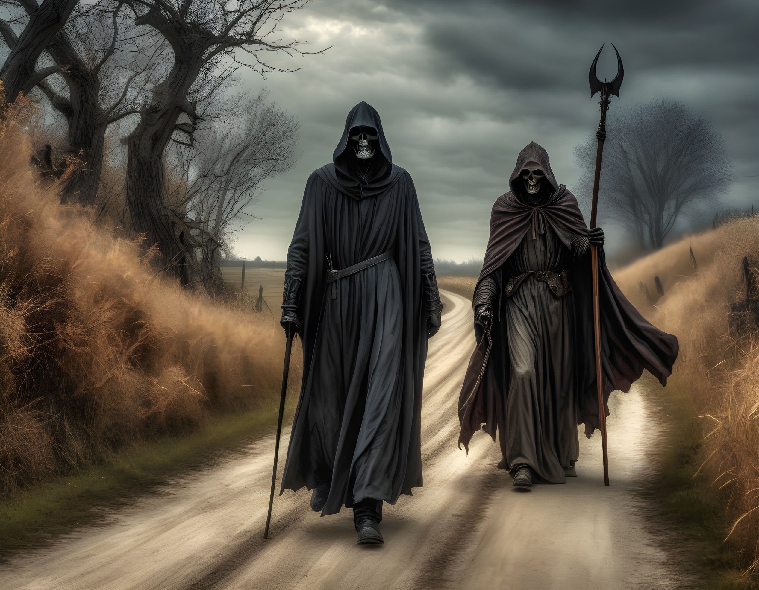 Robed Figures with Scythe and Spear on Desolate Path