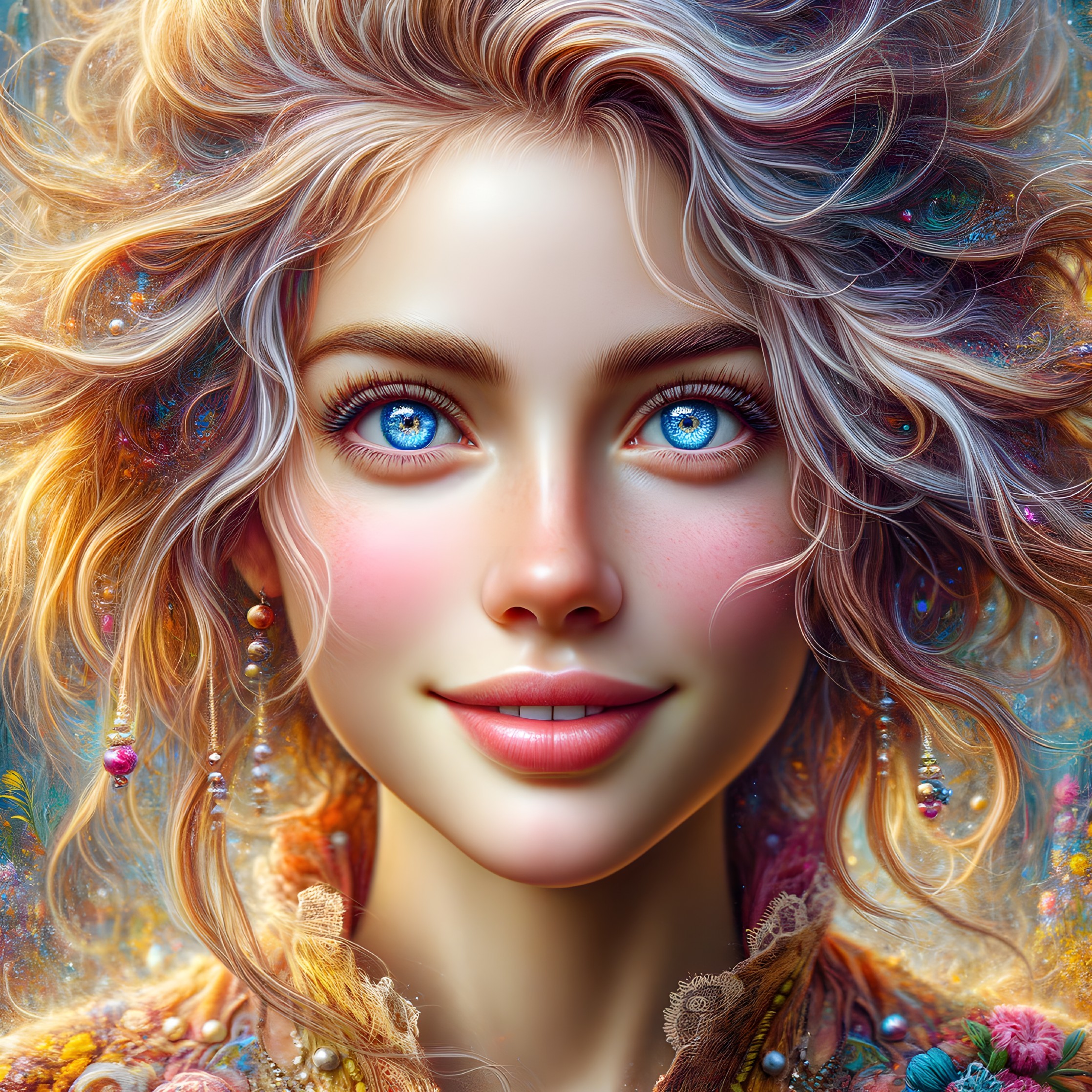 Portrait of a woman with wavy hair and vibrant smile