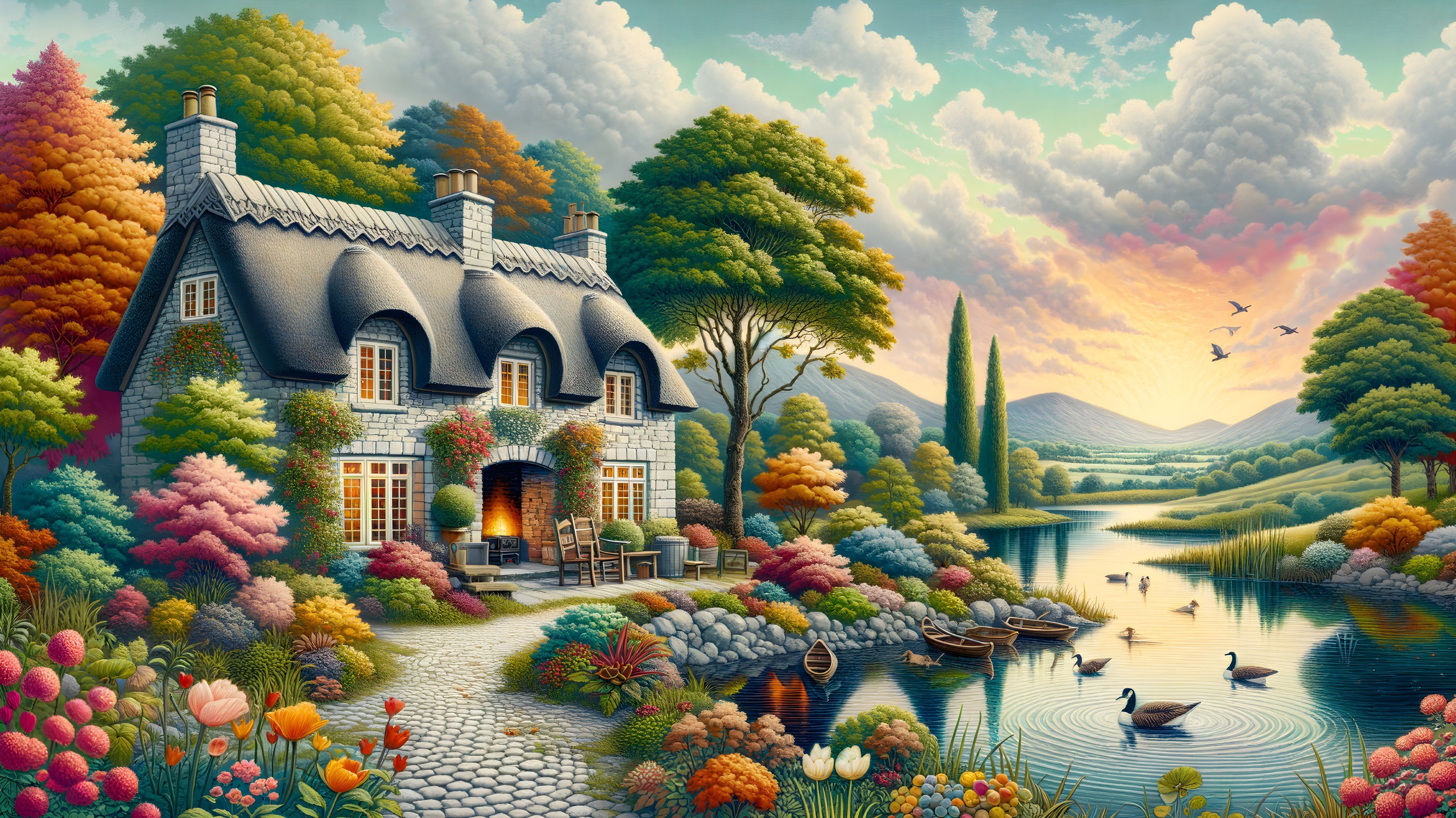 Cottage by a serene lake with vibrant nature surroundings