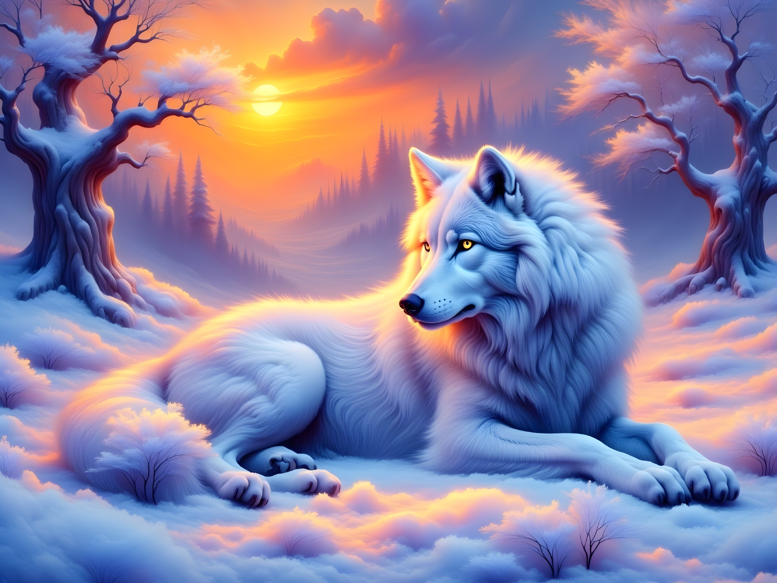 White wolf in serene snow landscape at sunset
