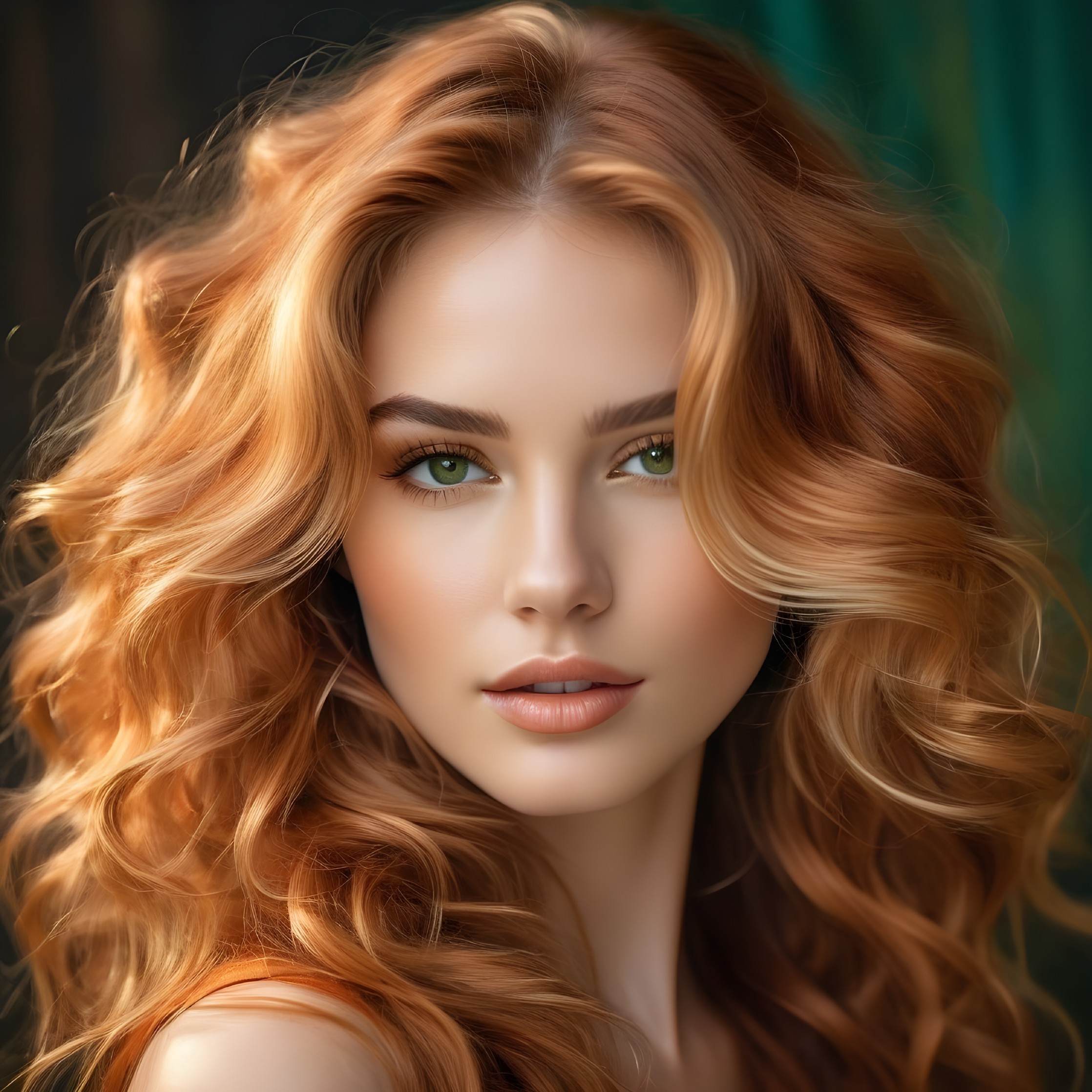 Young woman with ginger hair and green eyes portrait