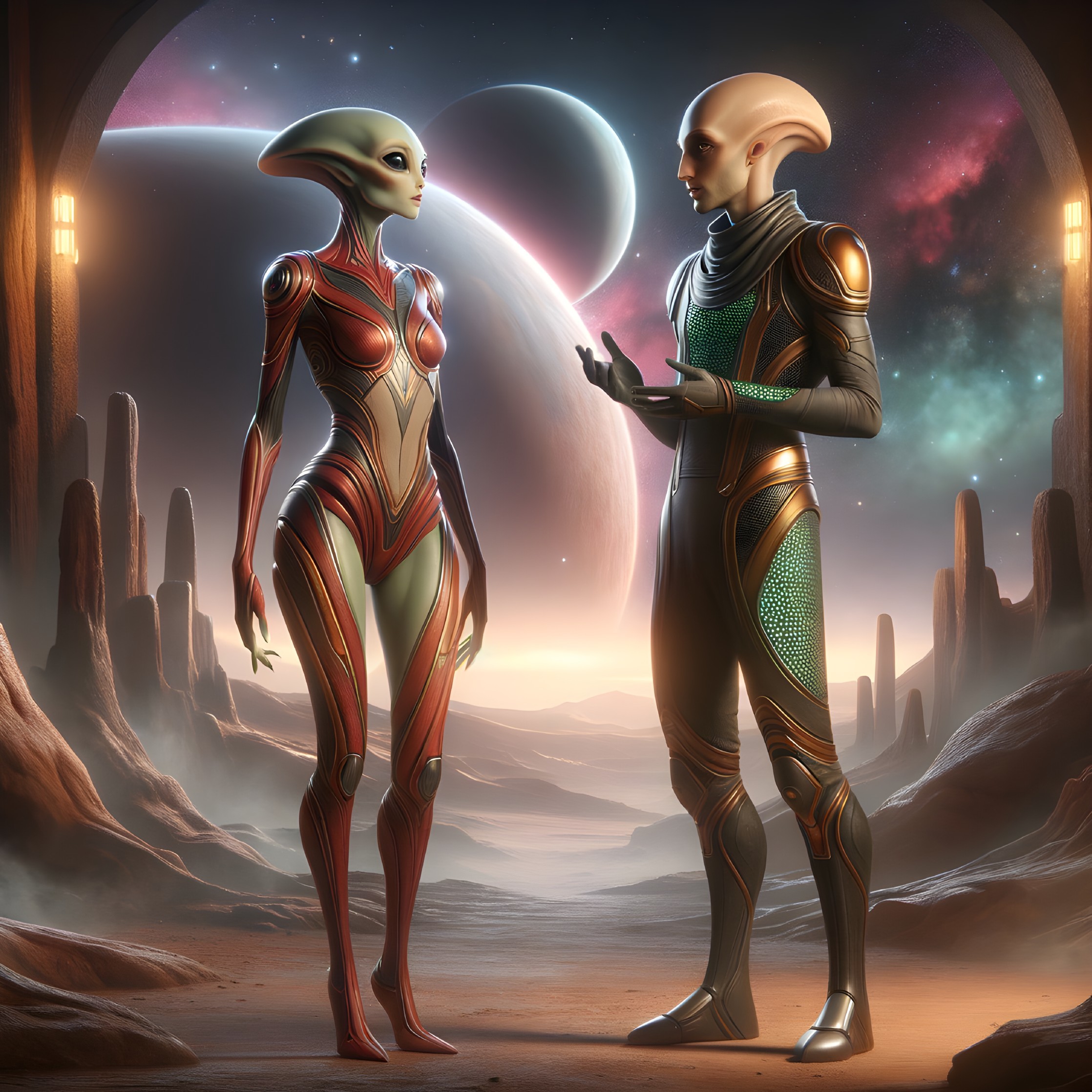 Humanoid Aliens Converse in Extraterrestrial Landscape